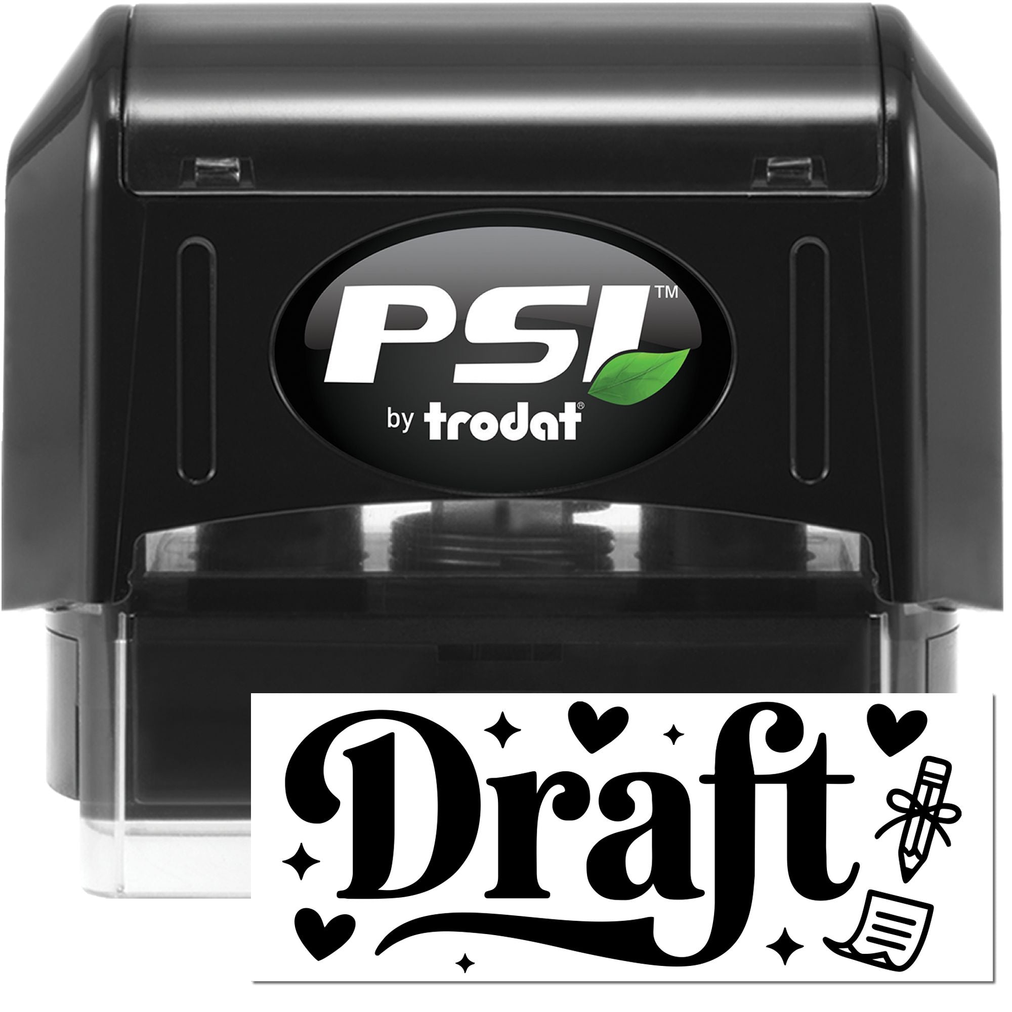 Black PSI by Trodat self-inking stamp and seal, black housing with white Draft impression and decorative icons.