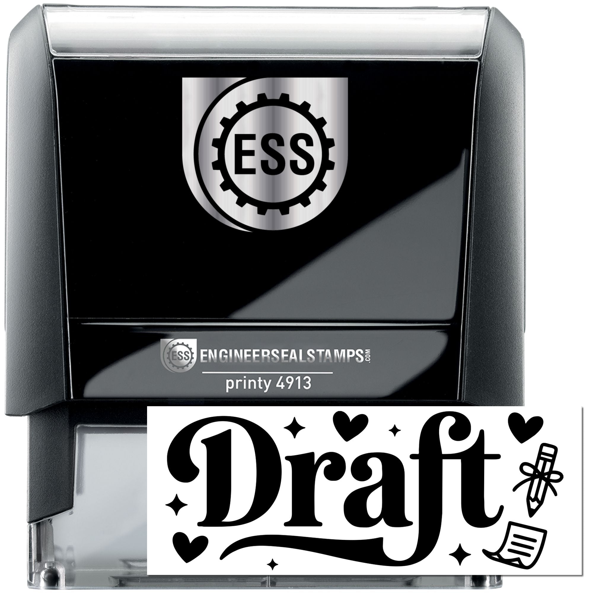 Black and silver ESS self-inking stamp and seal with gear logo, Draft imprint, and Printy 4913 label.