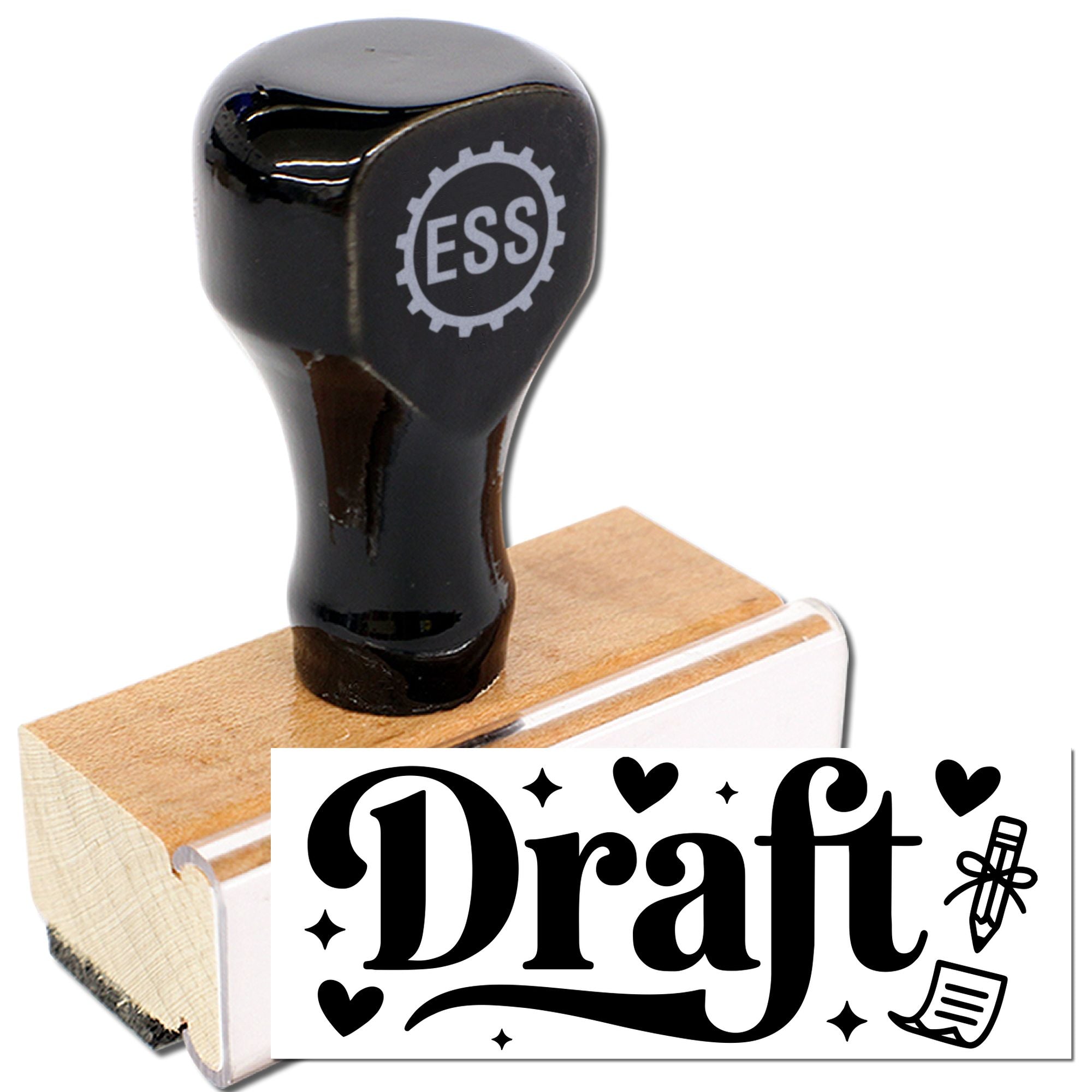 Black custom stamp and seal with wooden handle, printing Draft in bold black lettering with hearts and icons.