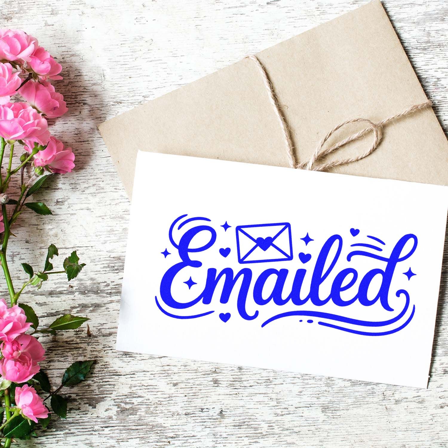 Blue Emailed stamp and seal design with envelope icon on white card, over a kraft envelope tied with twine, pink flowers, rustic wood.