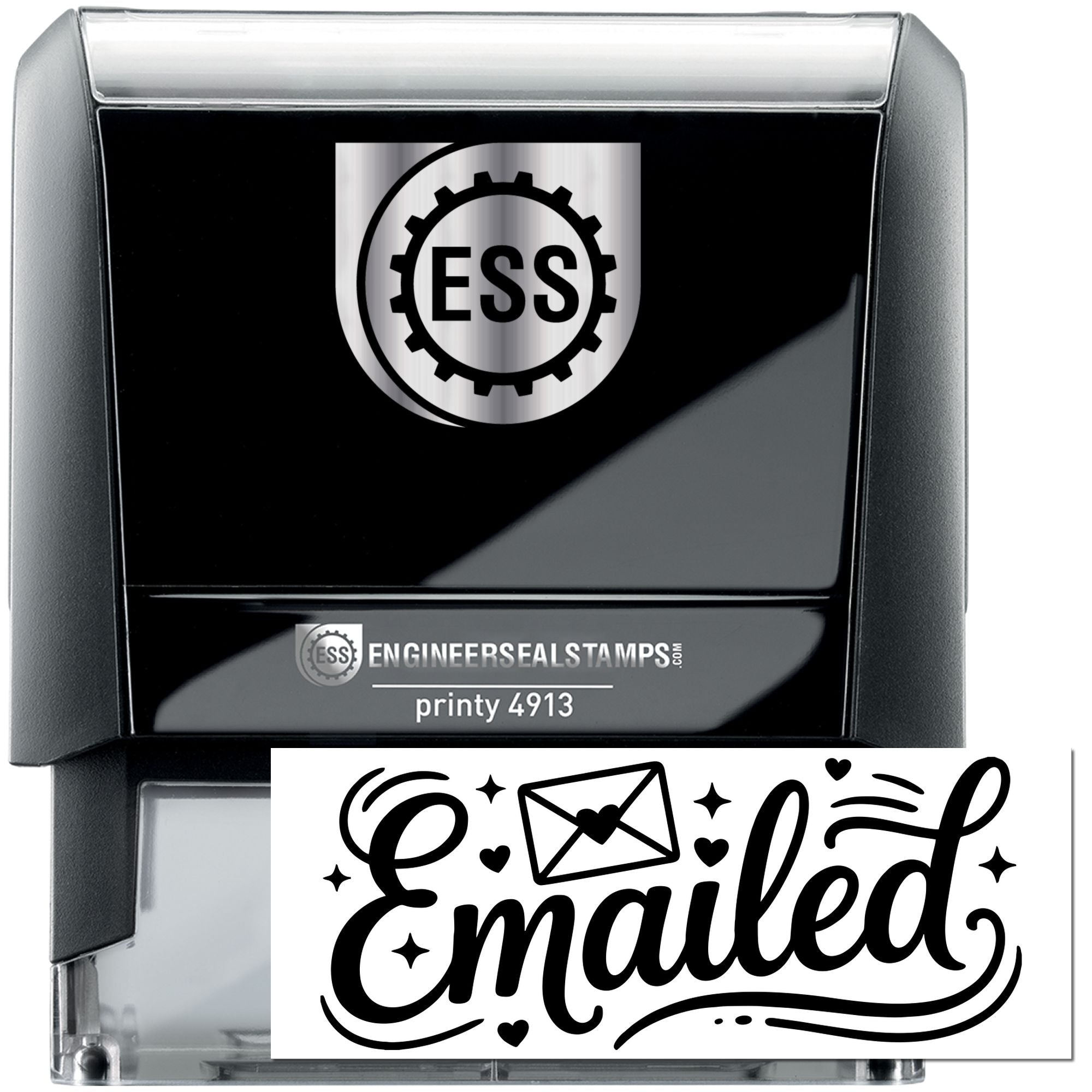 Black self-inking stamp and seal with silver top, ESS logo, and bold white Emailed imprint.