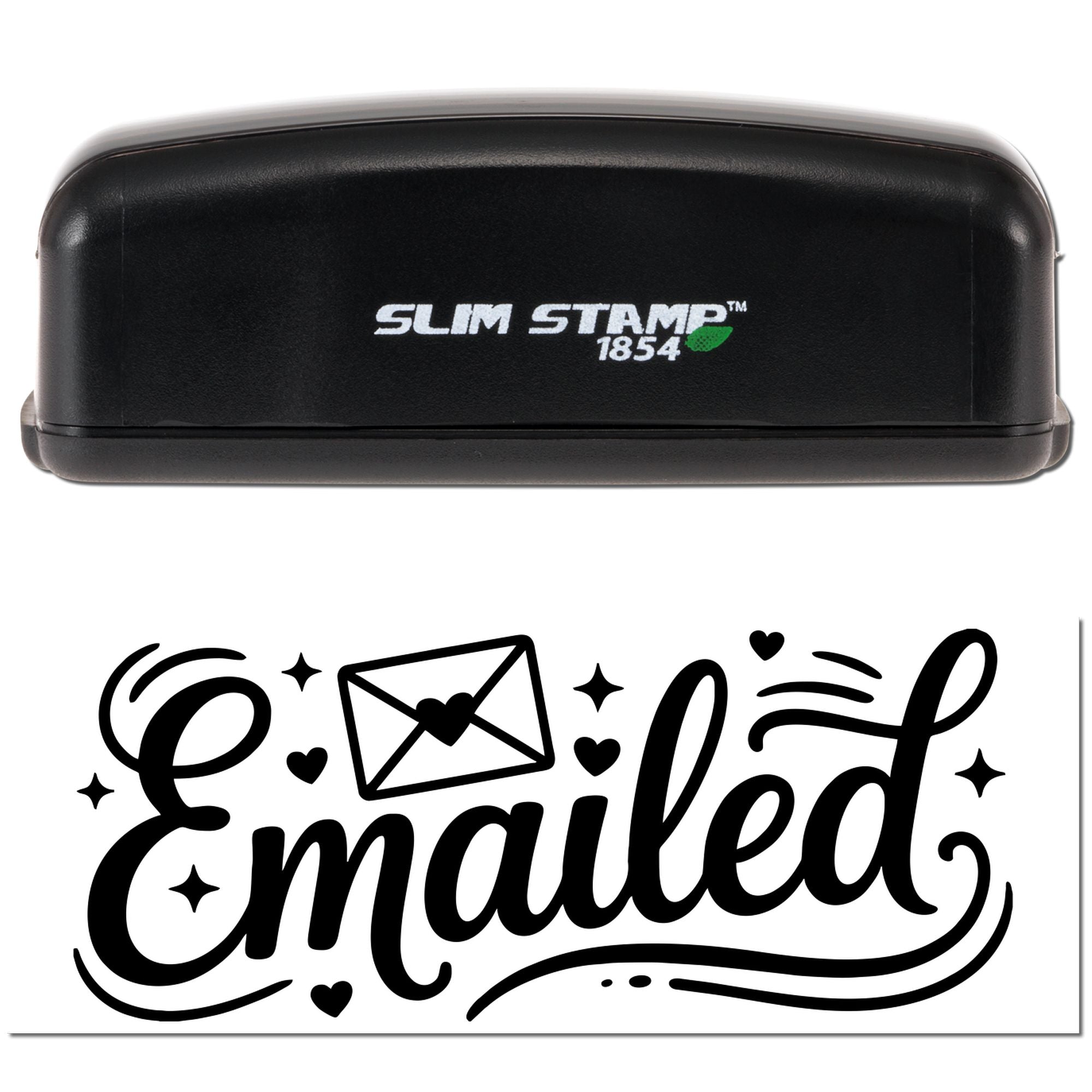 Black Slim Stamp 1854 stamp and seal product with green leaf logo above a black Emailed design and envelope with hearts.