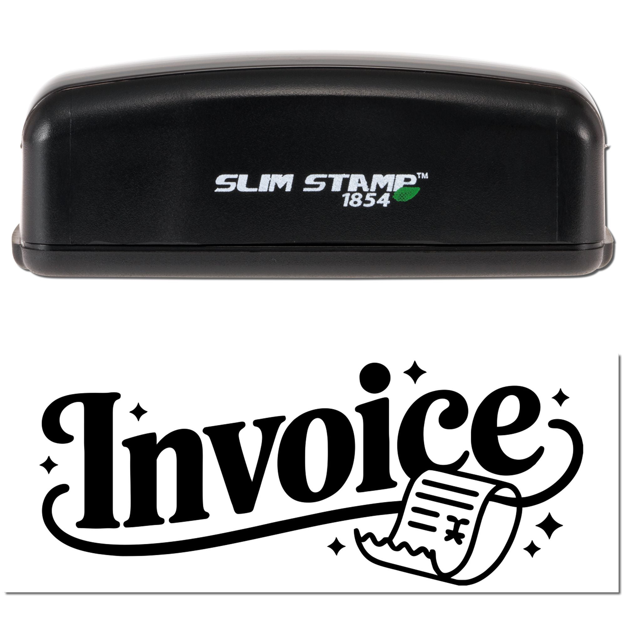 Black Slim Stamp 1854 desk stamp above bold Invoice logo with rolling seal icon on a white background.