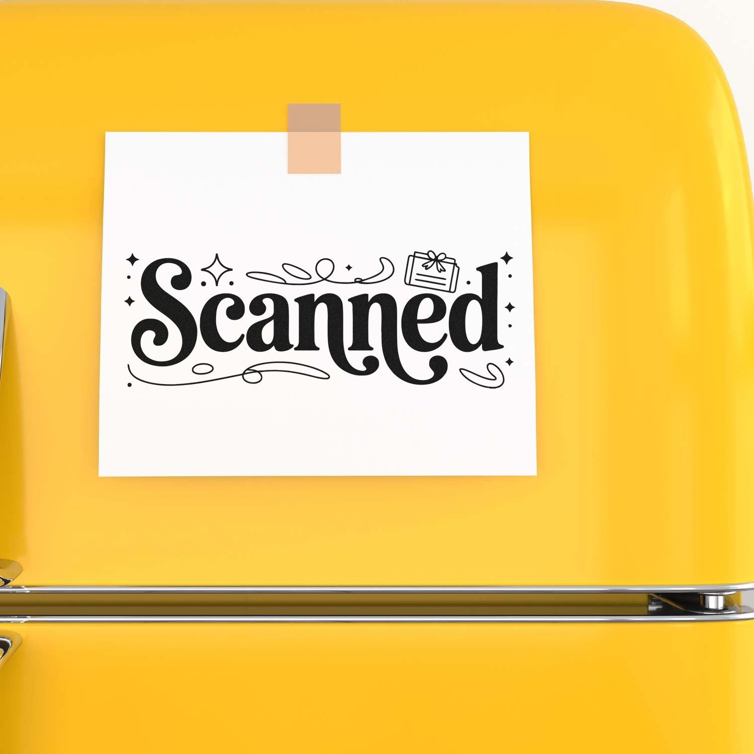 Yellow stamp and seal product with white card labeled Scanned in black decorative lettering and small gift icon.