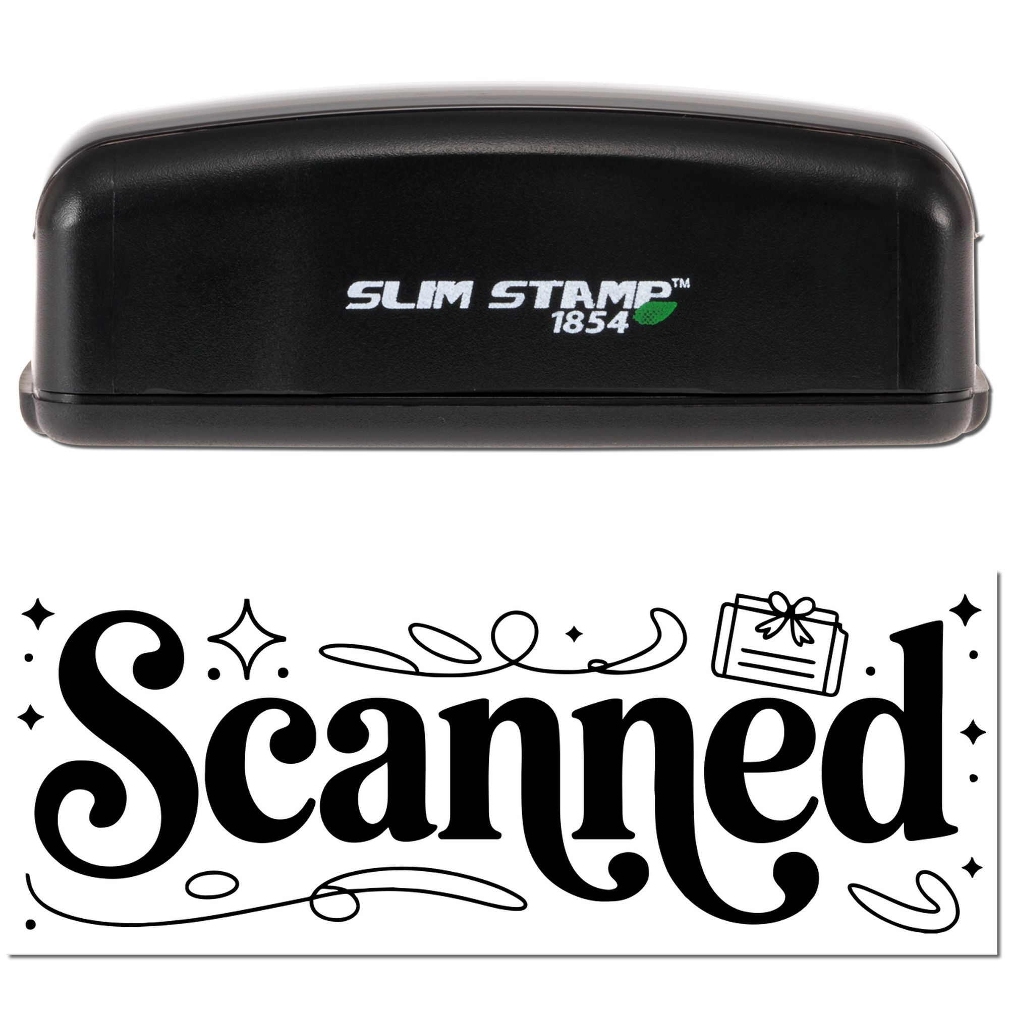 Black Slim Stamp 1854 self-inking stamp with bold black Scanned seal graphic on white background.