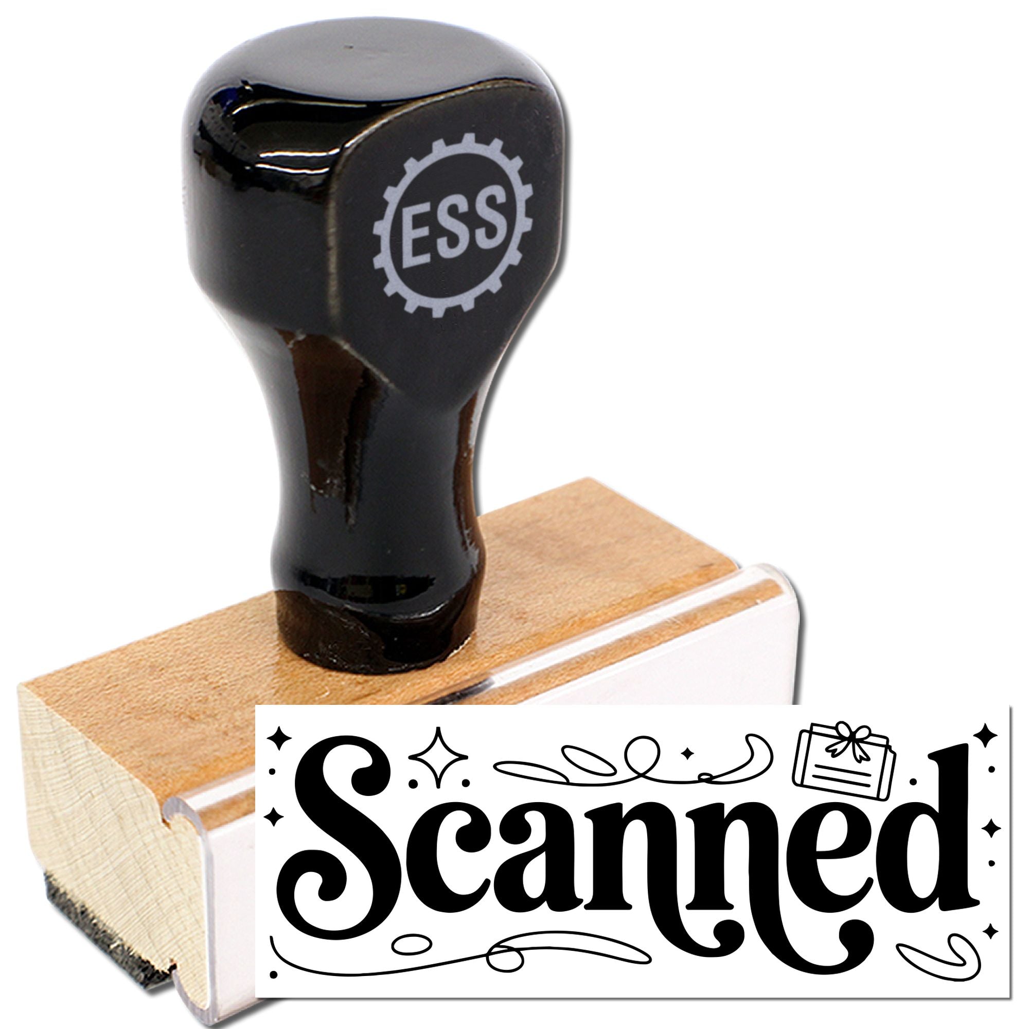Black seal stamp on wooden block with ESS logo and bold Scanned imprint