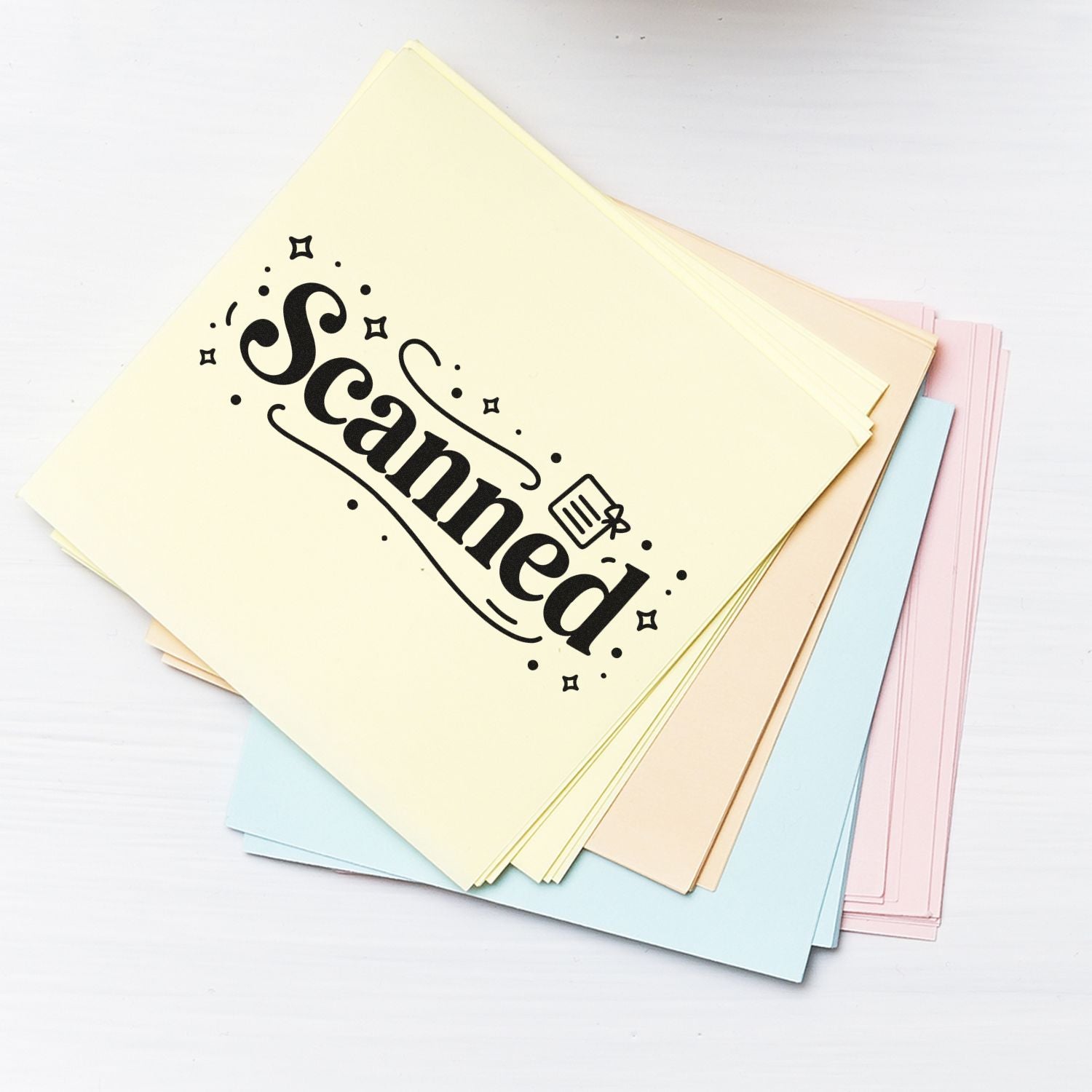 Pastel stamp and seal sheets with black Scanned imprint on cream, blue, peach, and pink paper.