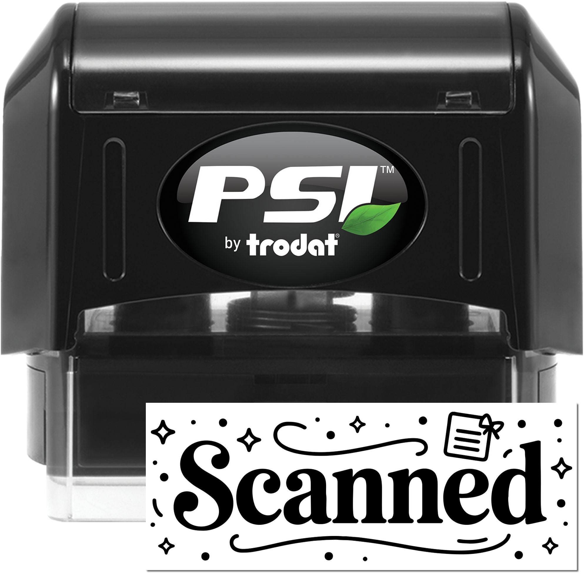 Black PSI by trodat self-inking stamp and seal with clear base and white Scanned impression