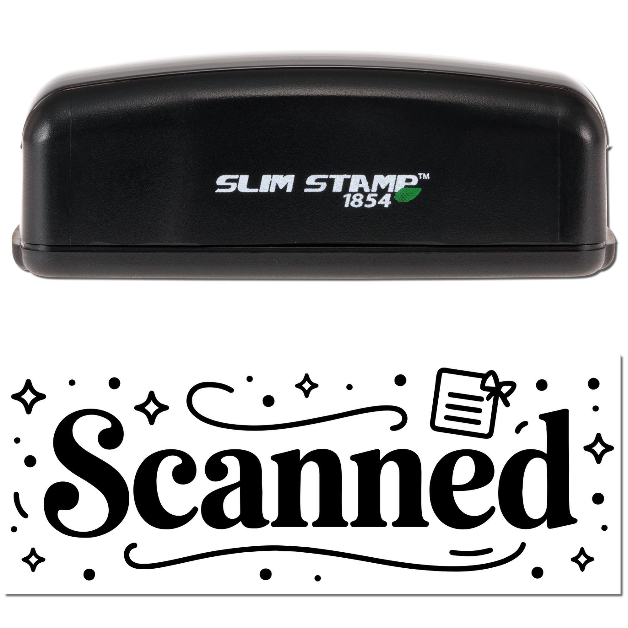 Black Slim Stamp 1854 self-inking stamp in black with green leaf logo above a bold black Scanned seal graphic with sparkles.