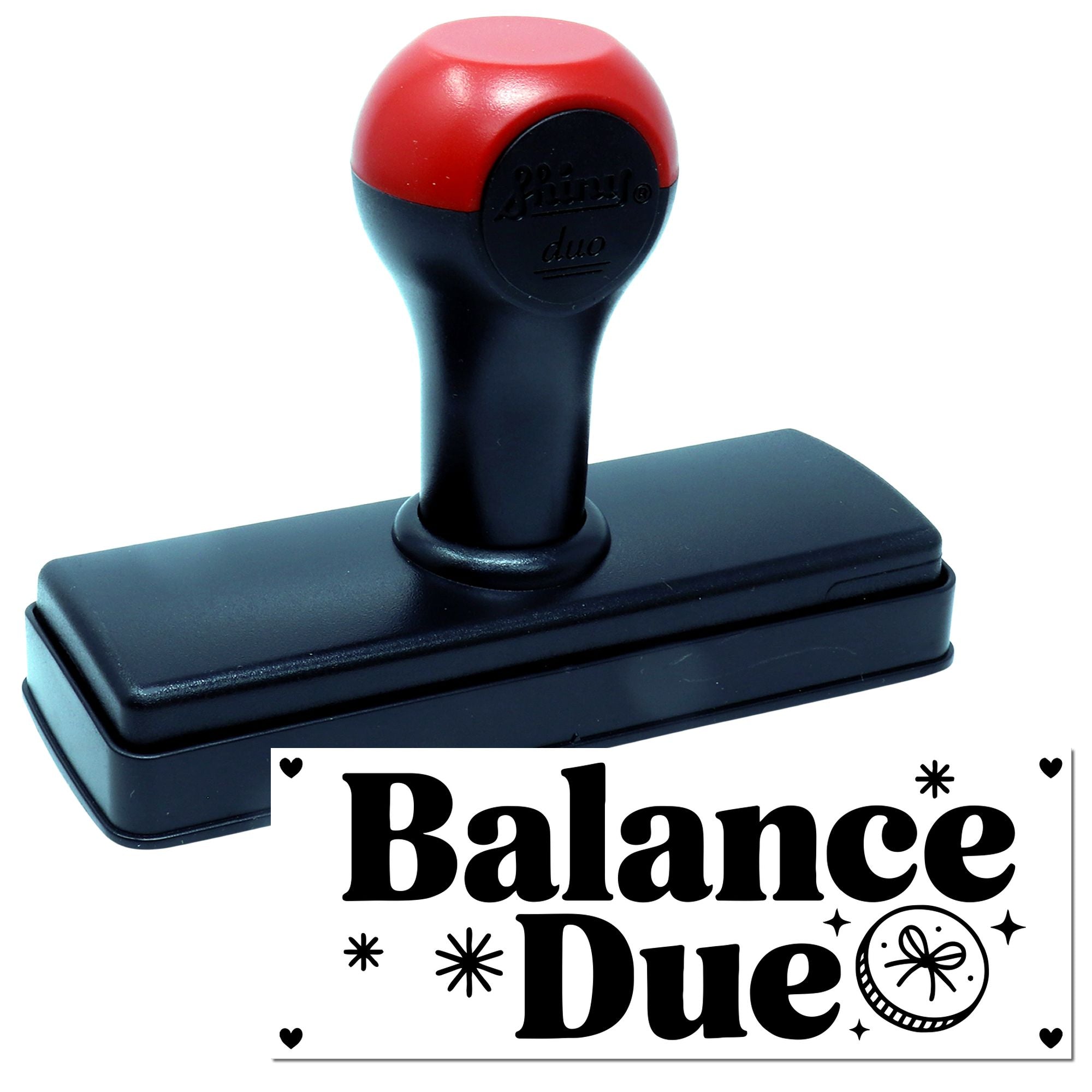 Black self-inking stamp with red top and Balance Due seal design