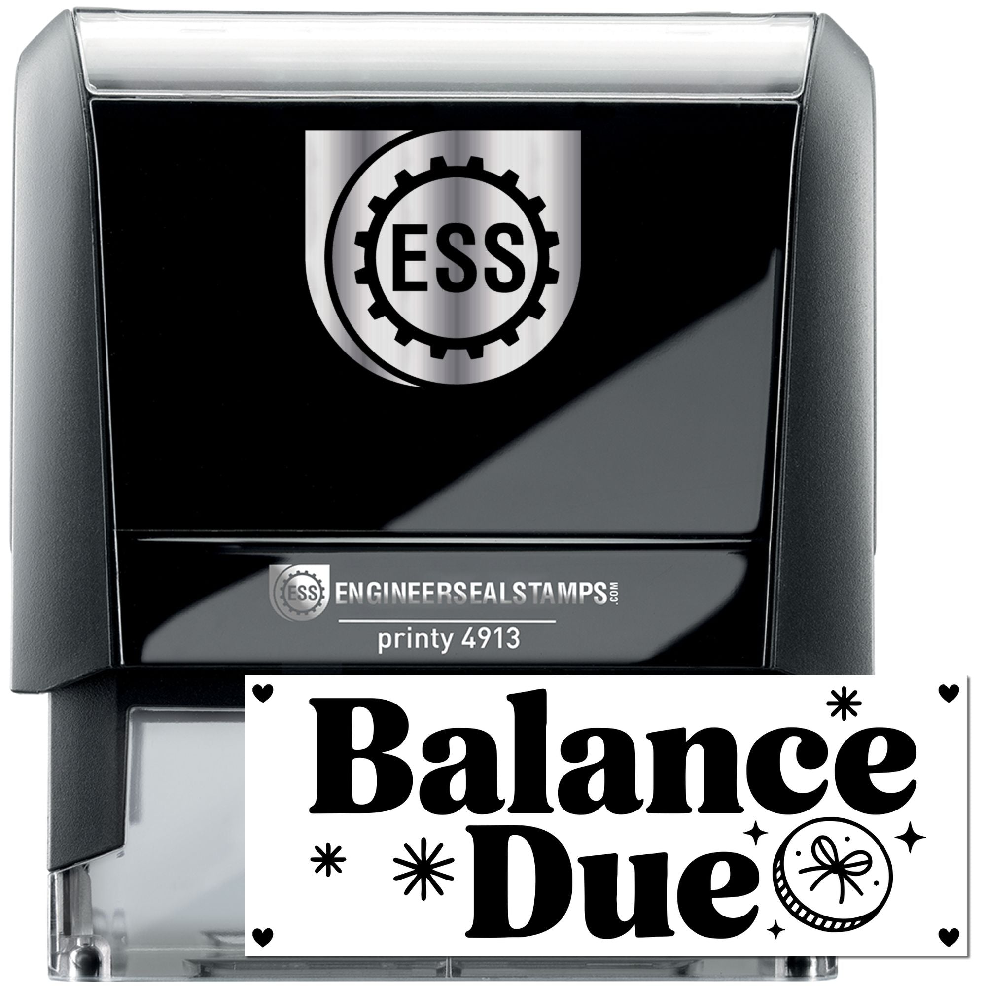 Black and silver self-inking stamp and seal with ESS logo, showing a bold black Balance Due design on white.