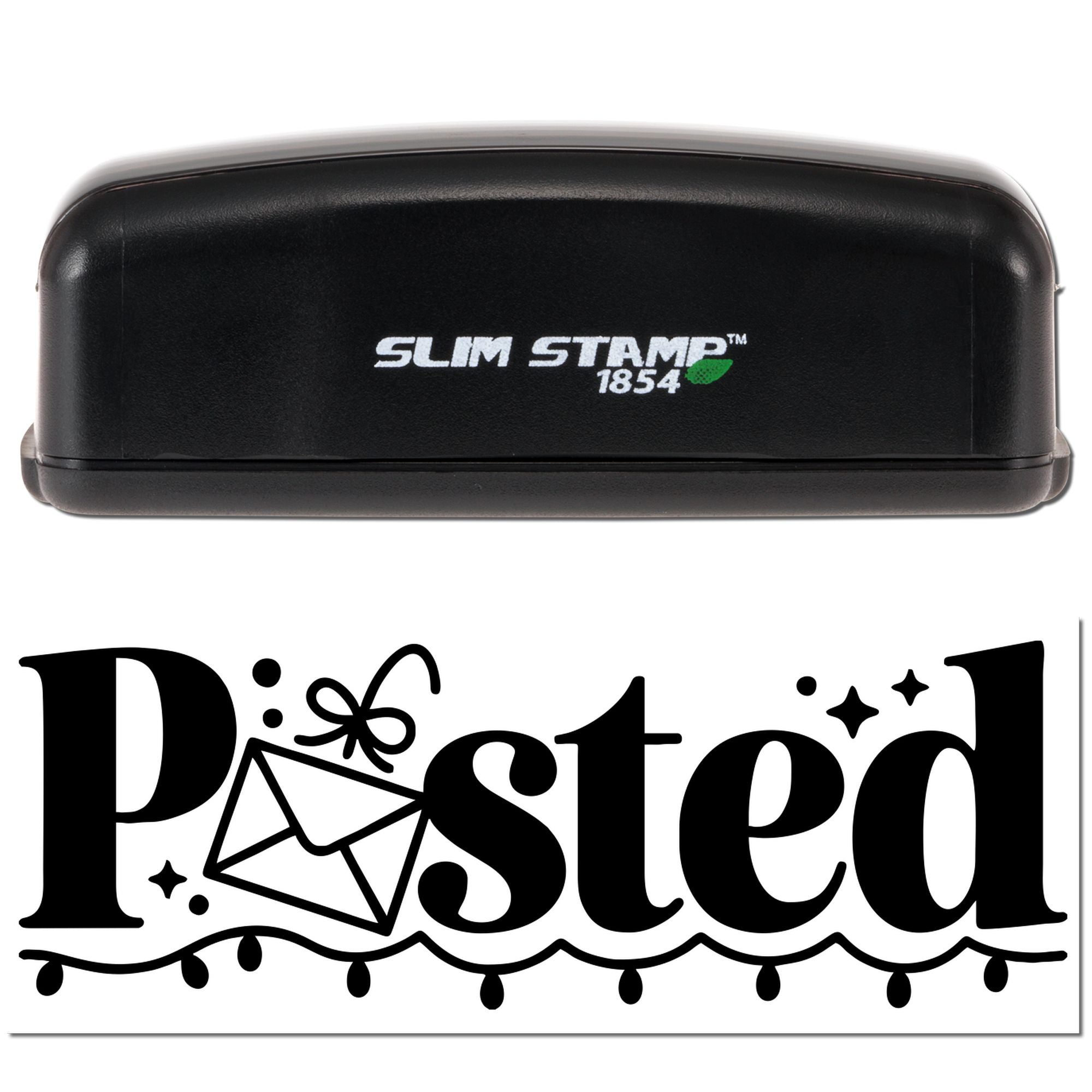 Black Slim Stamp 1854 self-inking stamp and Posted mailing seal with envelope icon on white background.