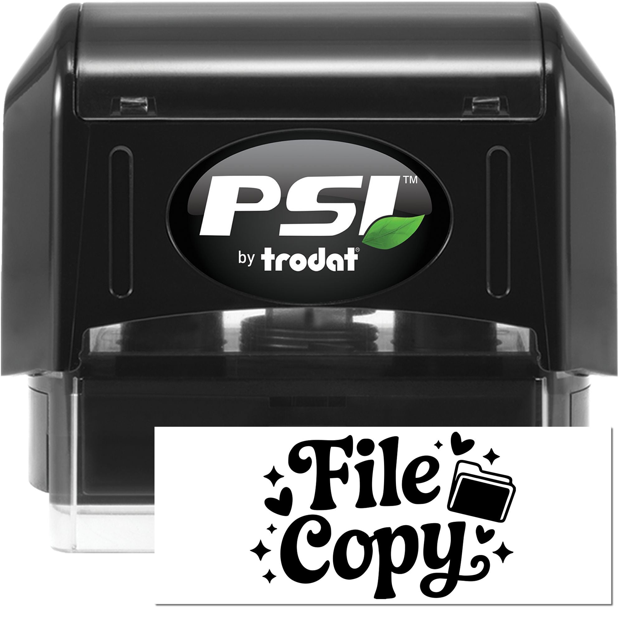 Black PSI by Trodat self-inking stamp and seal with File Copy imprint on white background.