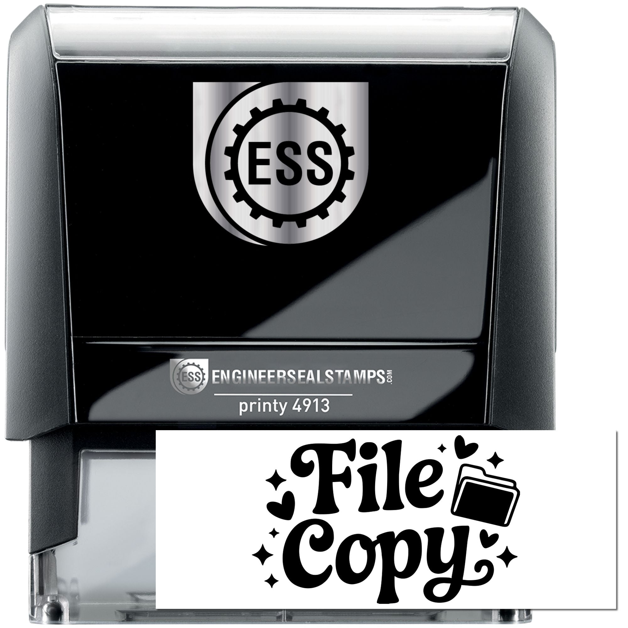 Black self-inking engineer seal stamp with silver casing, ESS logo, and bold File Copy imprint.