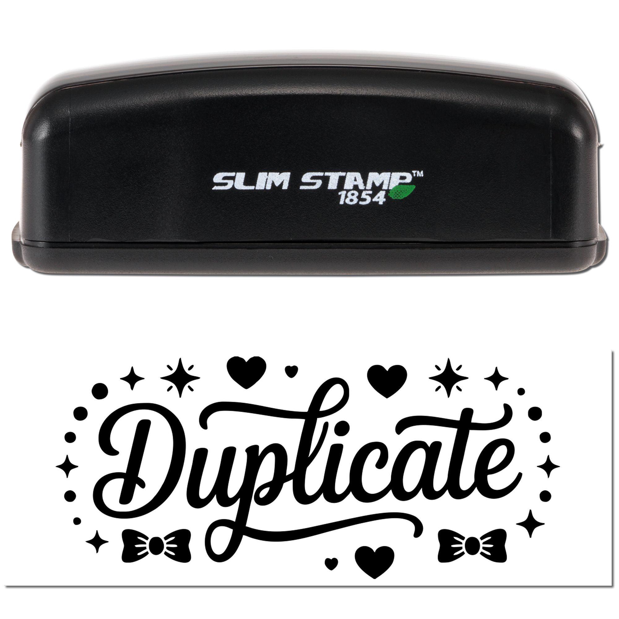 Black Slim Stamp 1854 self-inking stamp and duplicate seal design in black on white, with hearts, sparkles and bows.