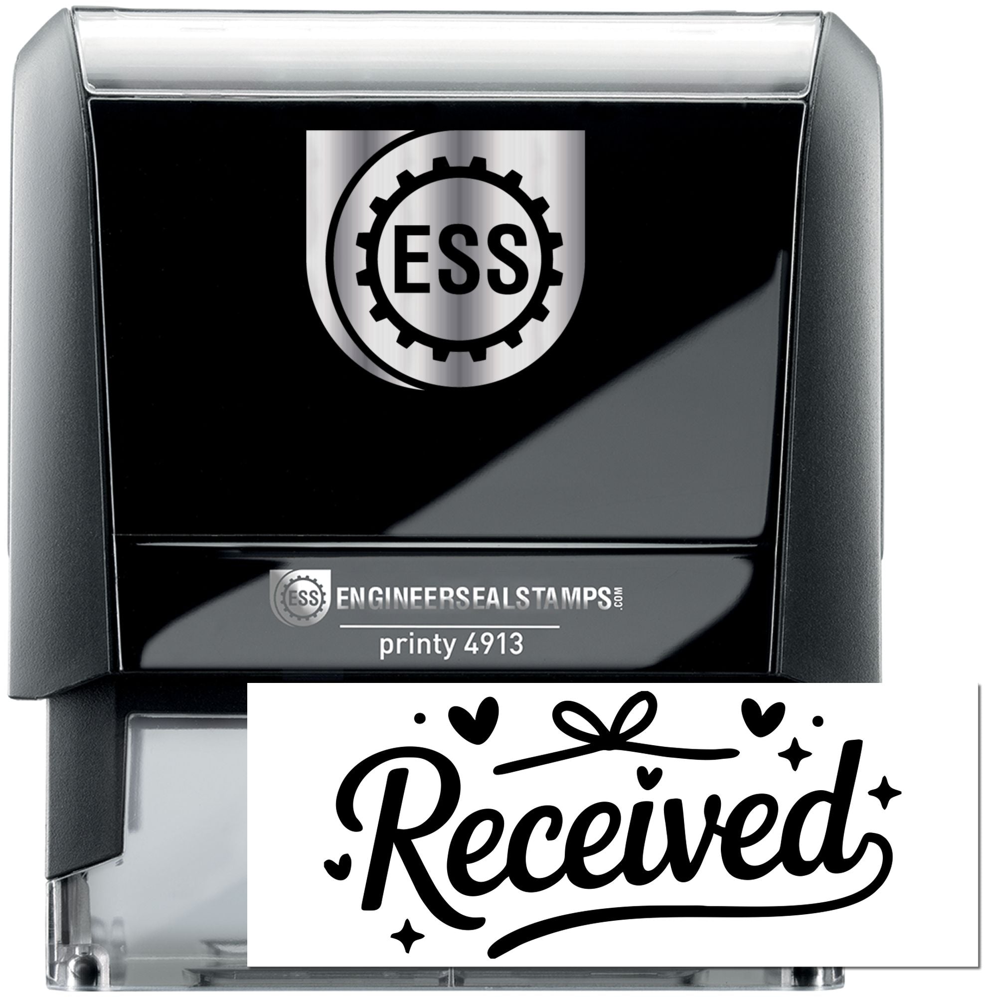 Black self-inking engineer seal stamp with gray casing, ESS logo, and bold Received imprint
