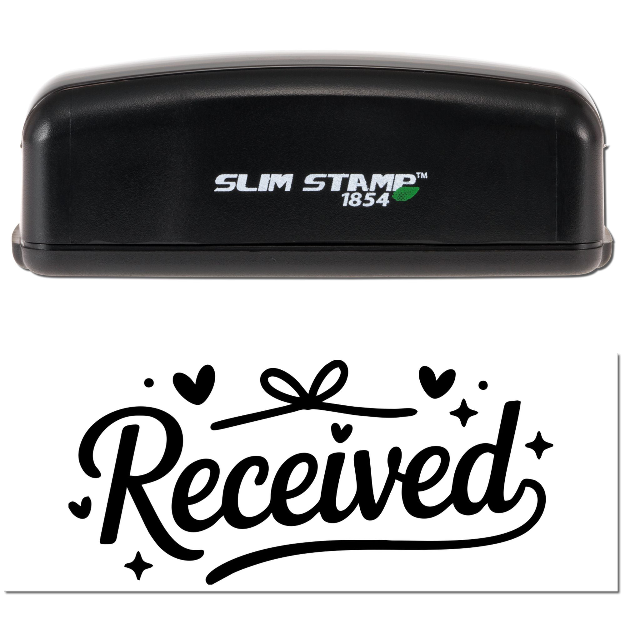 Black Slim Stamp 1854 self-inking stamp with white logo, beside a black Received seal with hearts and sparkles on white.