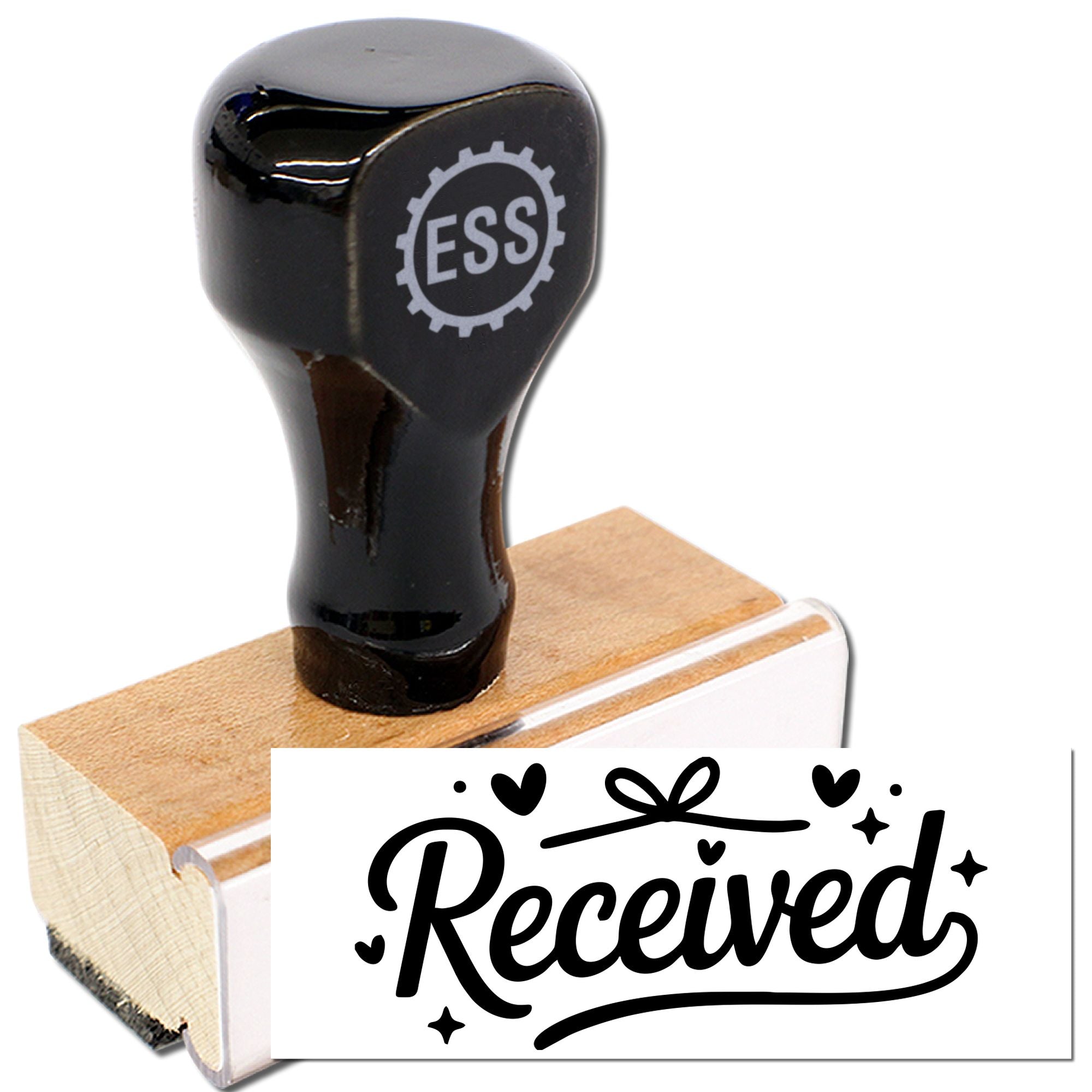 Black self-inking stamp with wooden handle and white Received seal design, featuring ESS logo.