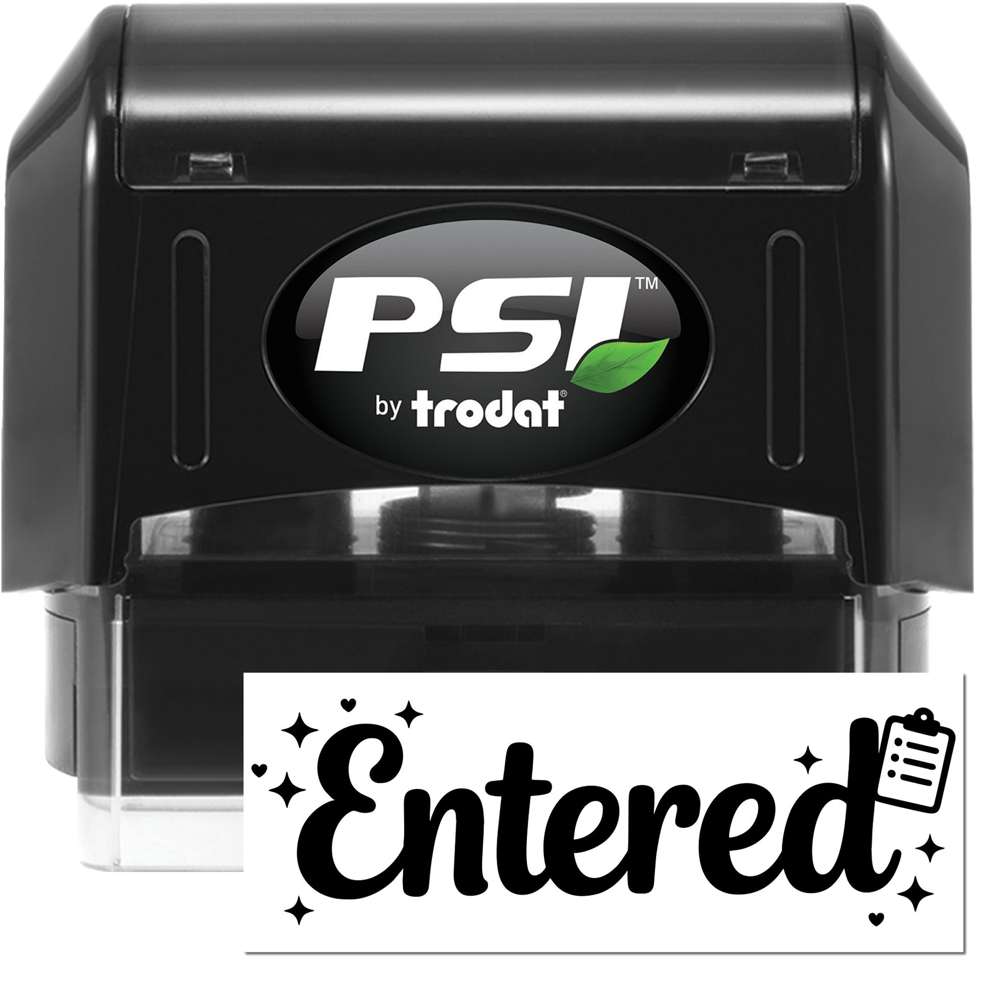 Black PSI by Trodat self-inking stamp with white Entered seal and green leaf logo on a white background.