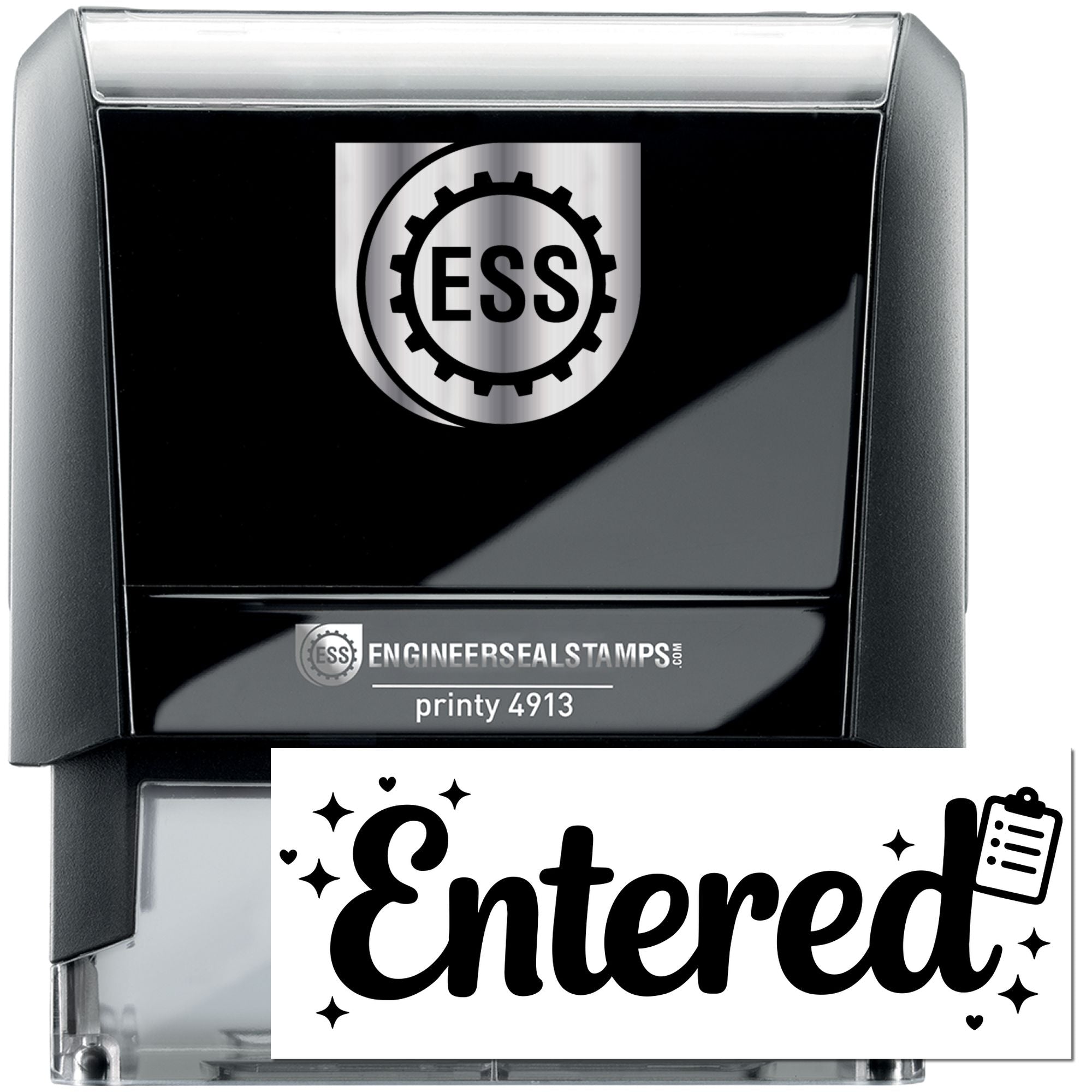 Black self-inking engineer seal stamp with silver ESS logo and white Entered approval seal