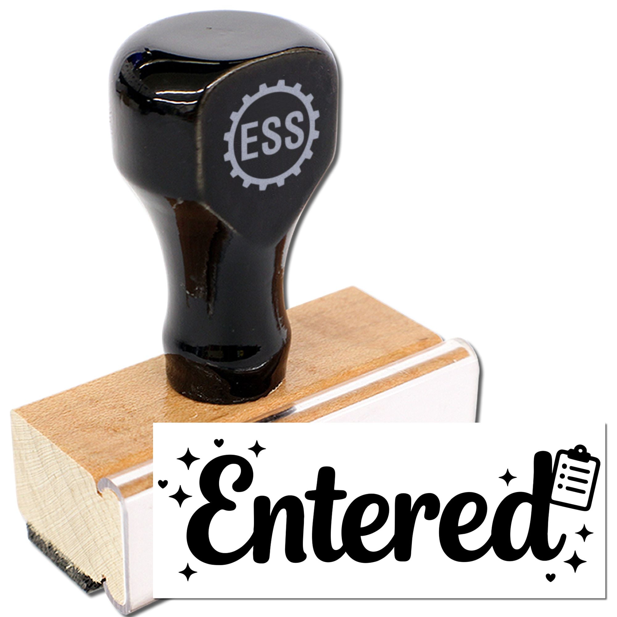 Black rubber stamp and seal set on a wooden block, featuring a bold white Entered design with stars and hearts.