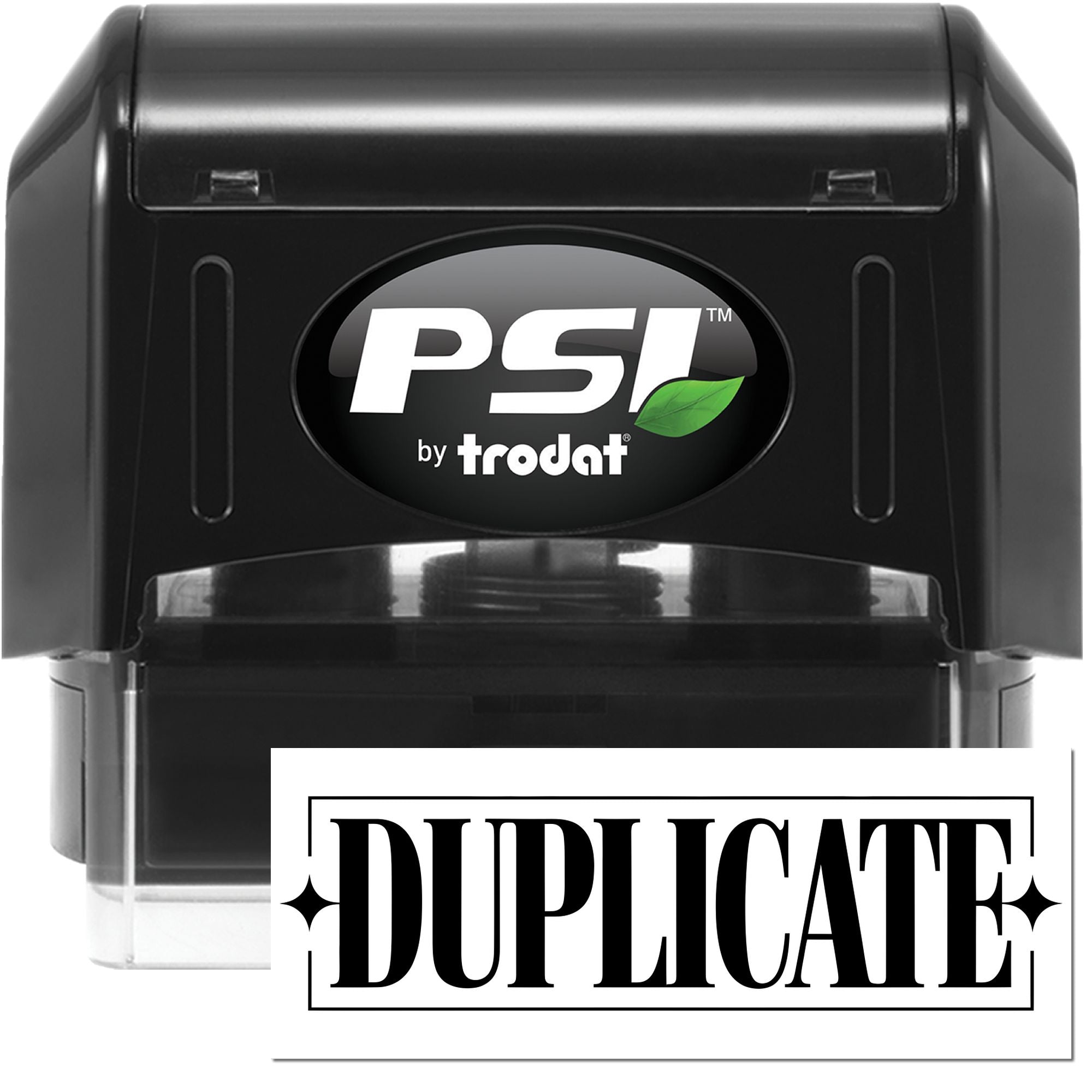 Black PSI by Trodat self-inking duplicate stamp, black case with clear cover, showing bold DUPLICATE imprint.