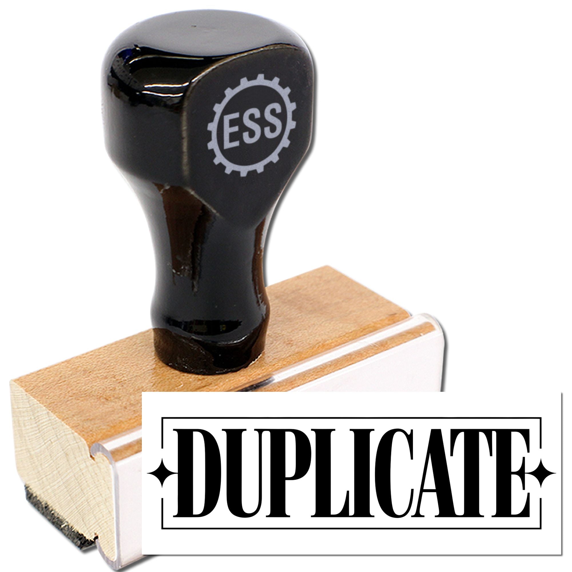 Black duplicate stamp with wooden mount and white plate, featuring an ESS gear logo.