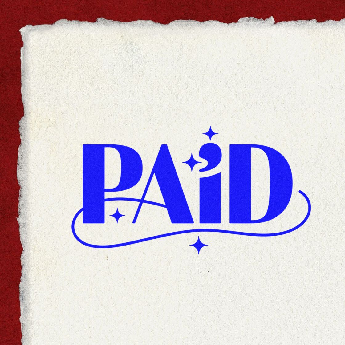 Blue PAID stamp seal on torn white paper with star accents, set against a deep red background.