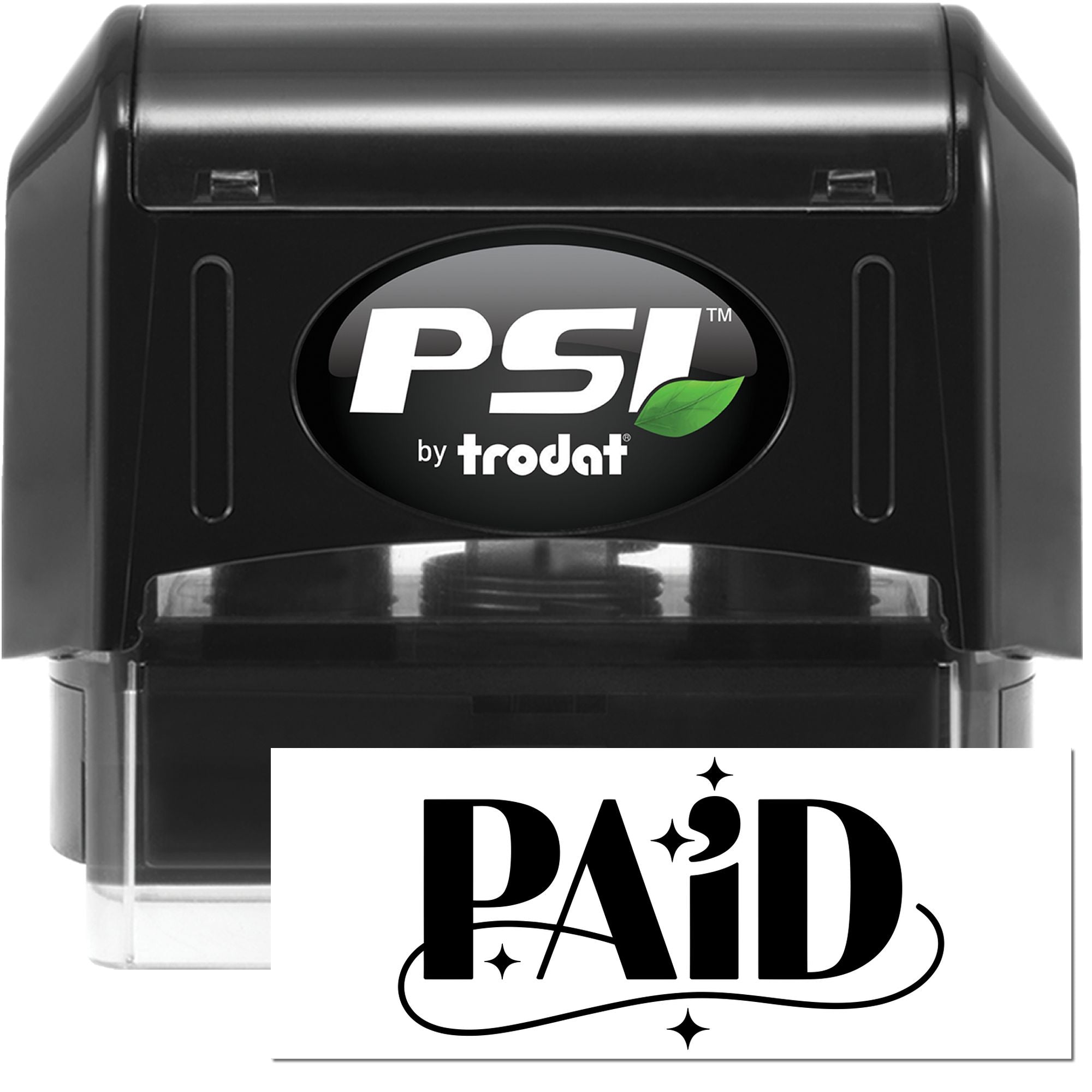 Black PSI by Trodat self-inking stamp with white PAID seal impression on clear base.