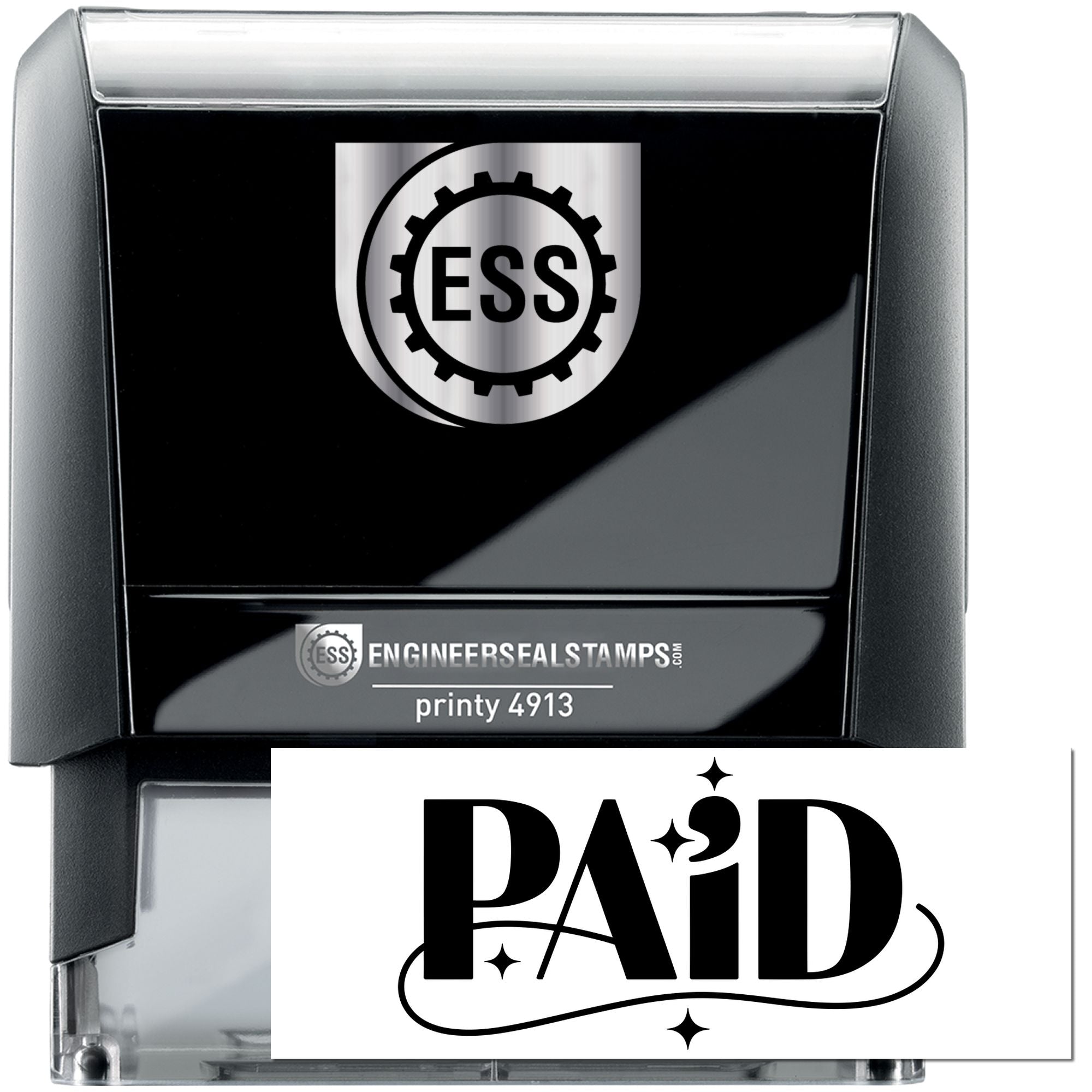 Black self-inking engineer seal stamp with silver ESS logo and bold PAID imprint