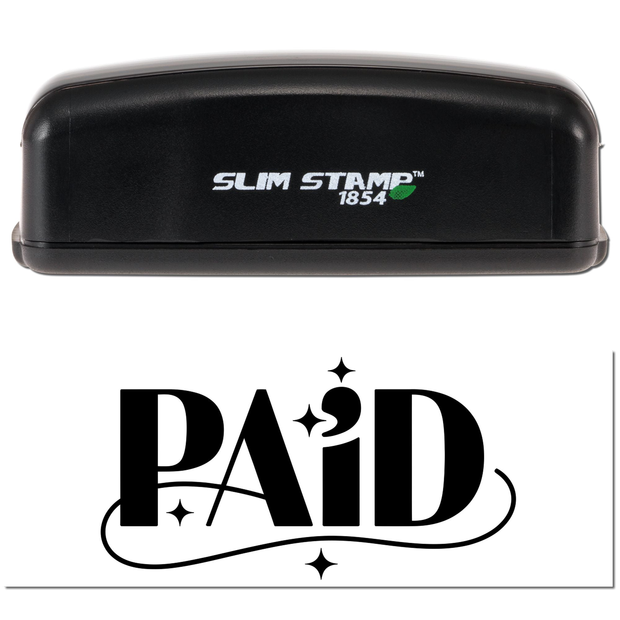 Black Slim Stamp 1854 embosser with bold black PAID seal on white background