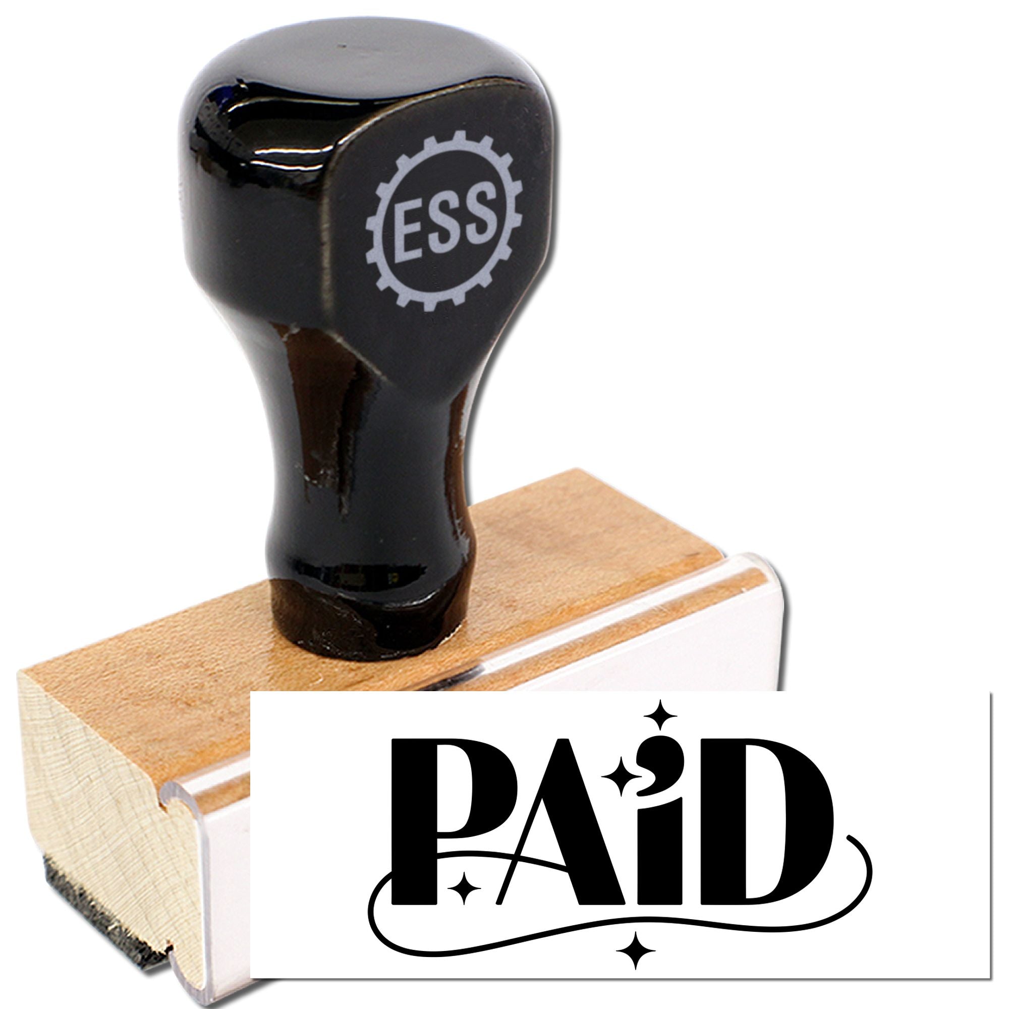Black custom rubber stamp on wooden block with ESS logo and white PAID seal label