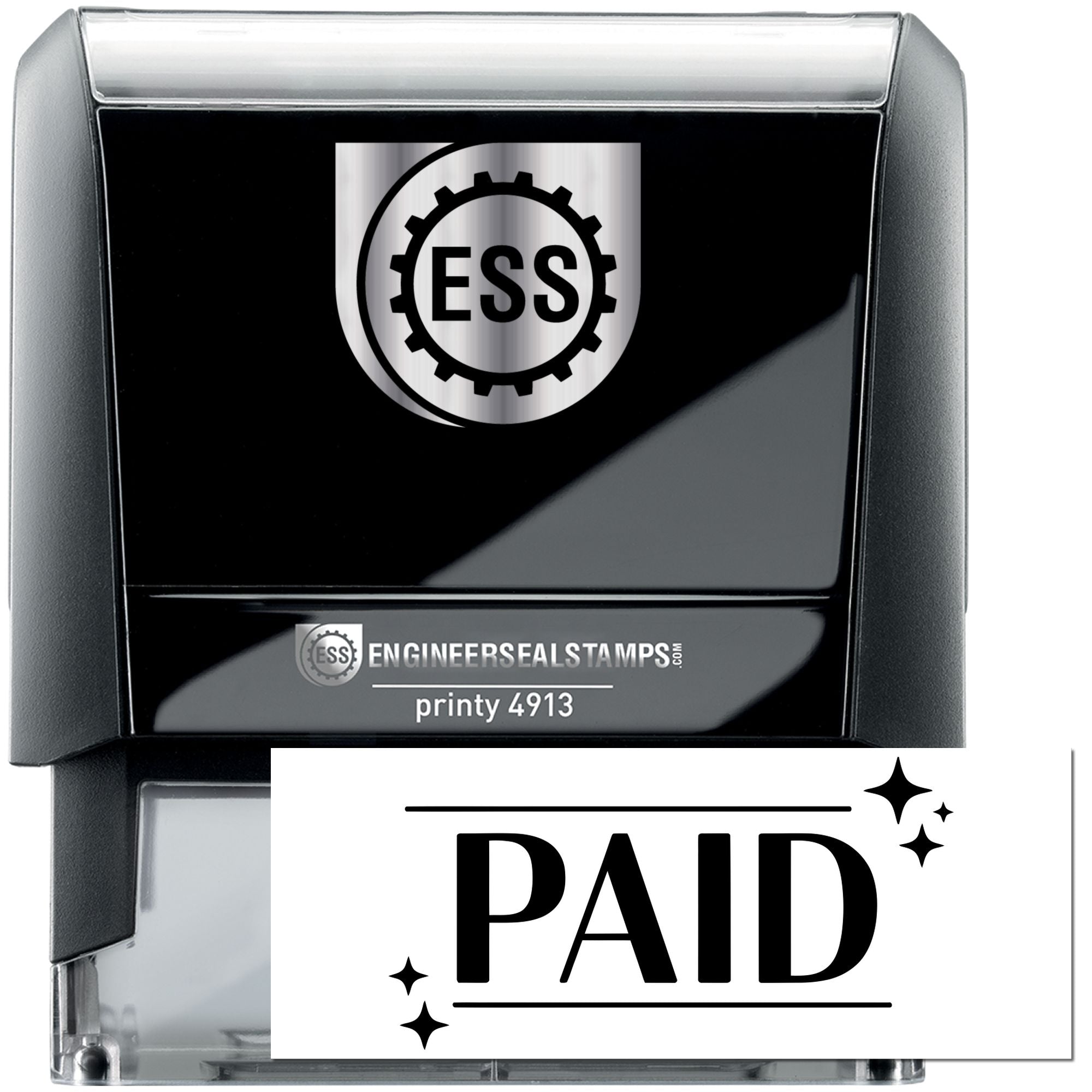 Black self-inking ESS Printy 4913 stamp with silver seal and bold PAID mark