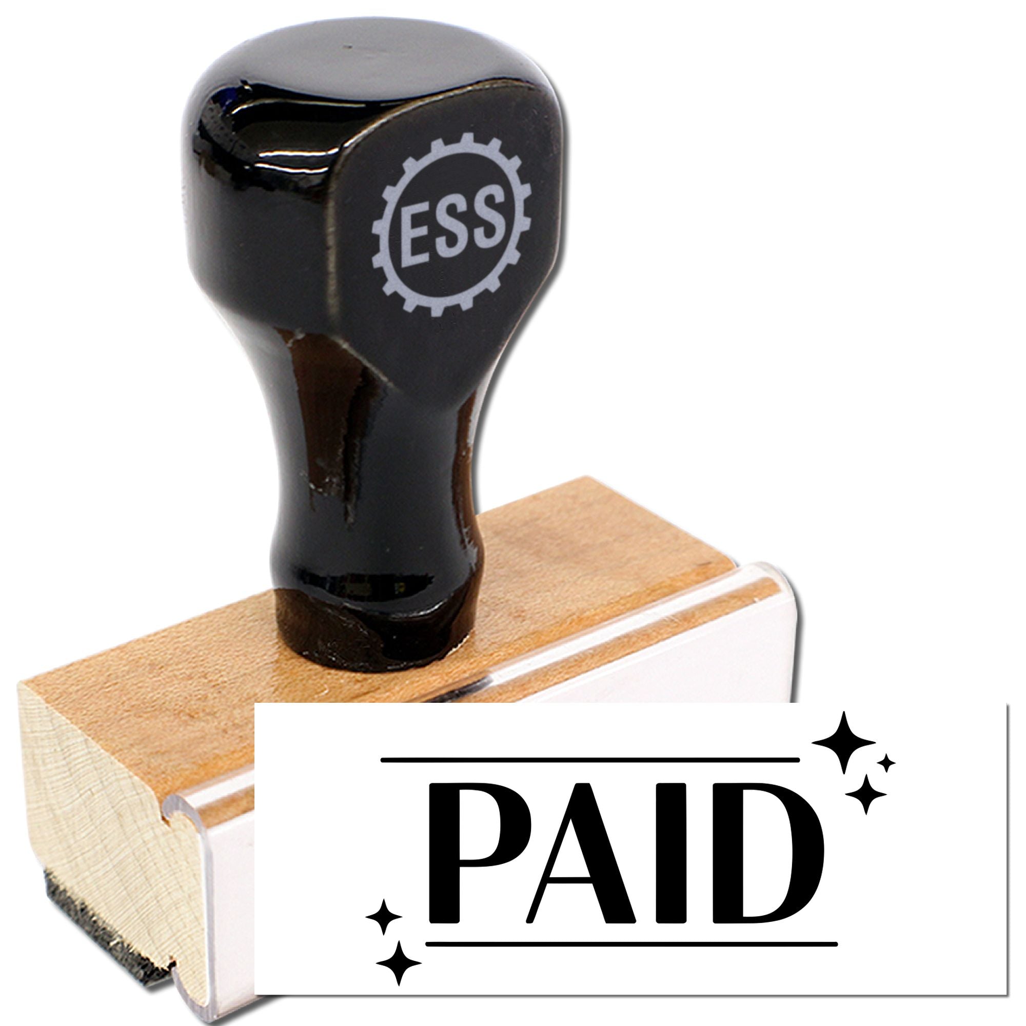 Black ESS stamp and seal set on wood block, creating a bold PAID mark in black and white.