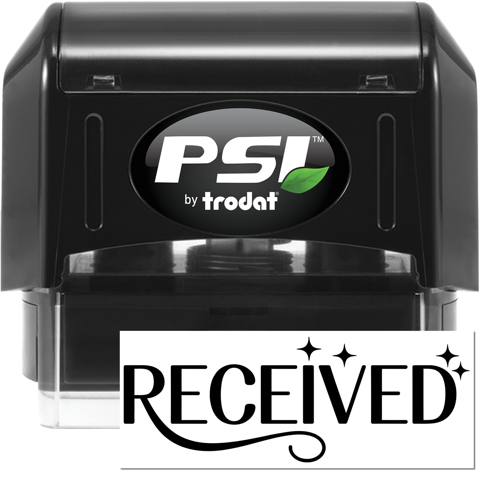 Black PSI by Trodat self-inking stamp and seal, black with green leaf logo and white RECEIVED imprint.