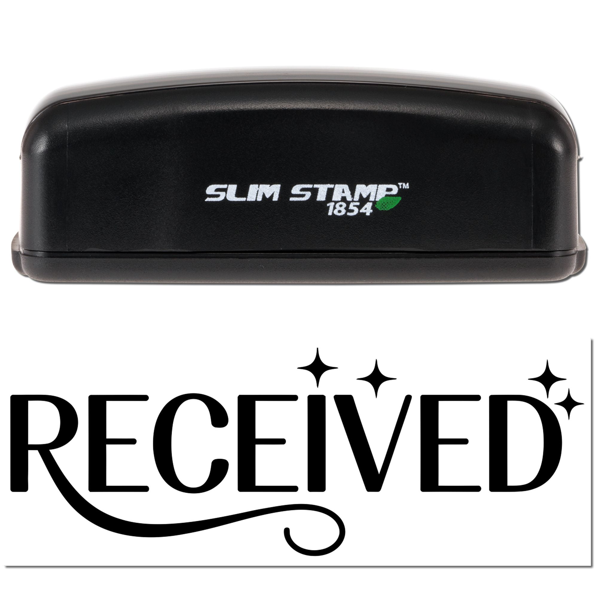 Black Slim Stamp 1854 self-inking stamp and bold RECEIVED seal with sparkles.