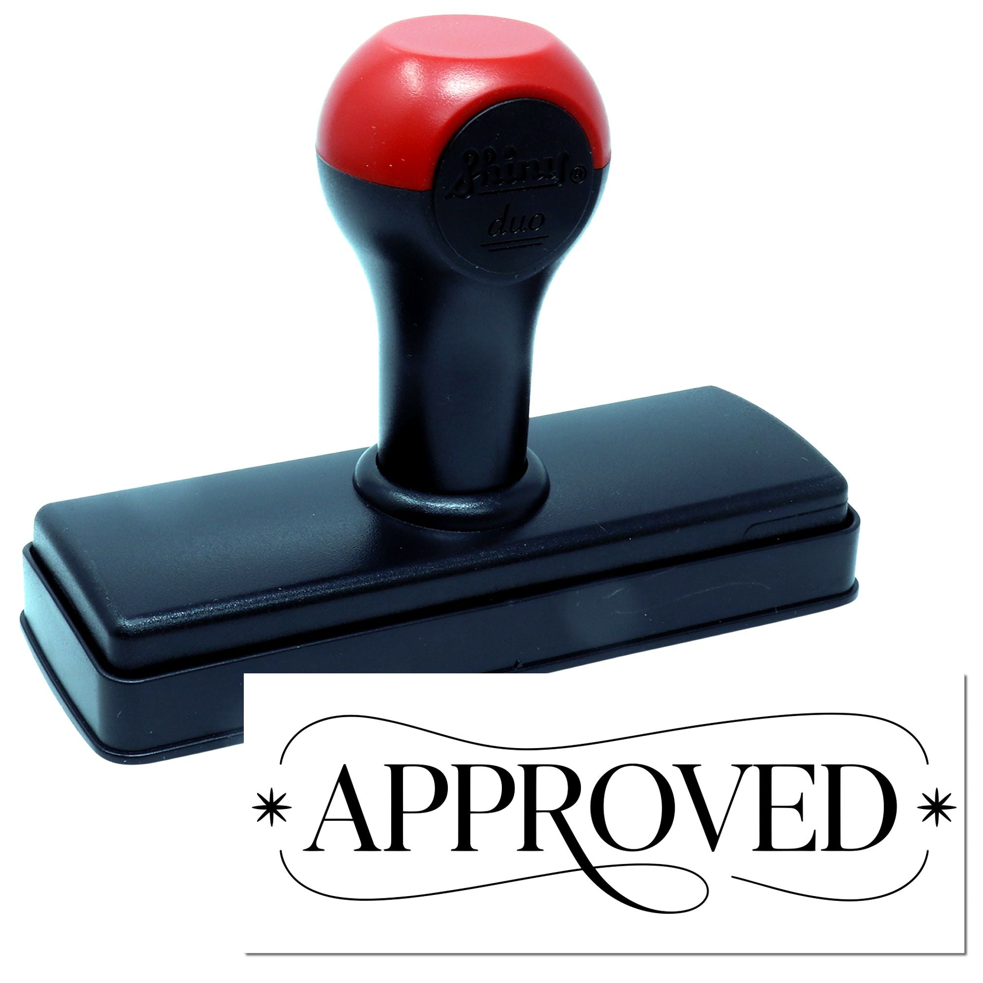 Red and black self-inking approval stamp and seal with APPROVED imprint on white background