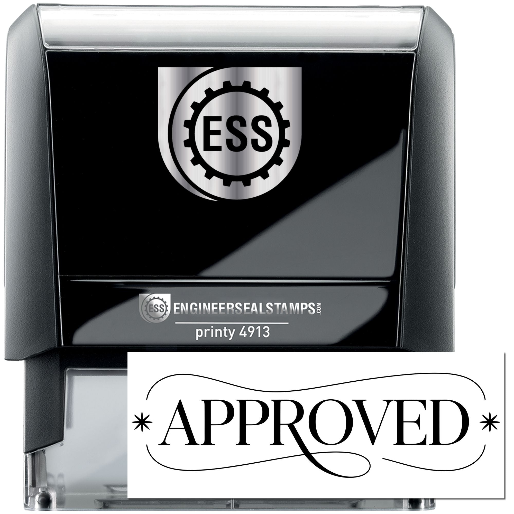 Black ESS self-inking stamp and seal set with silver logo, featuring an Approved imprint and printy 4913 model.