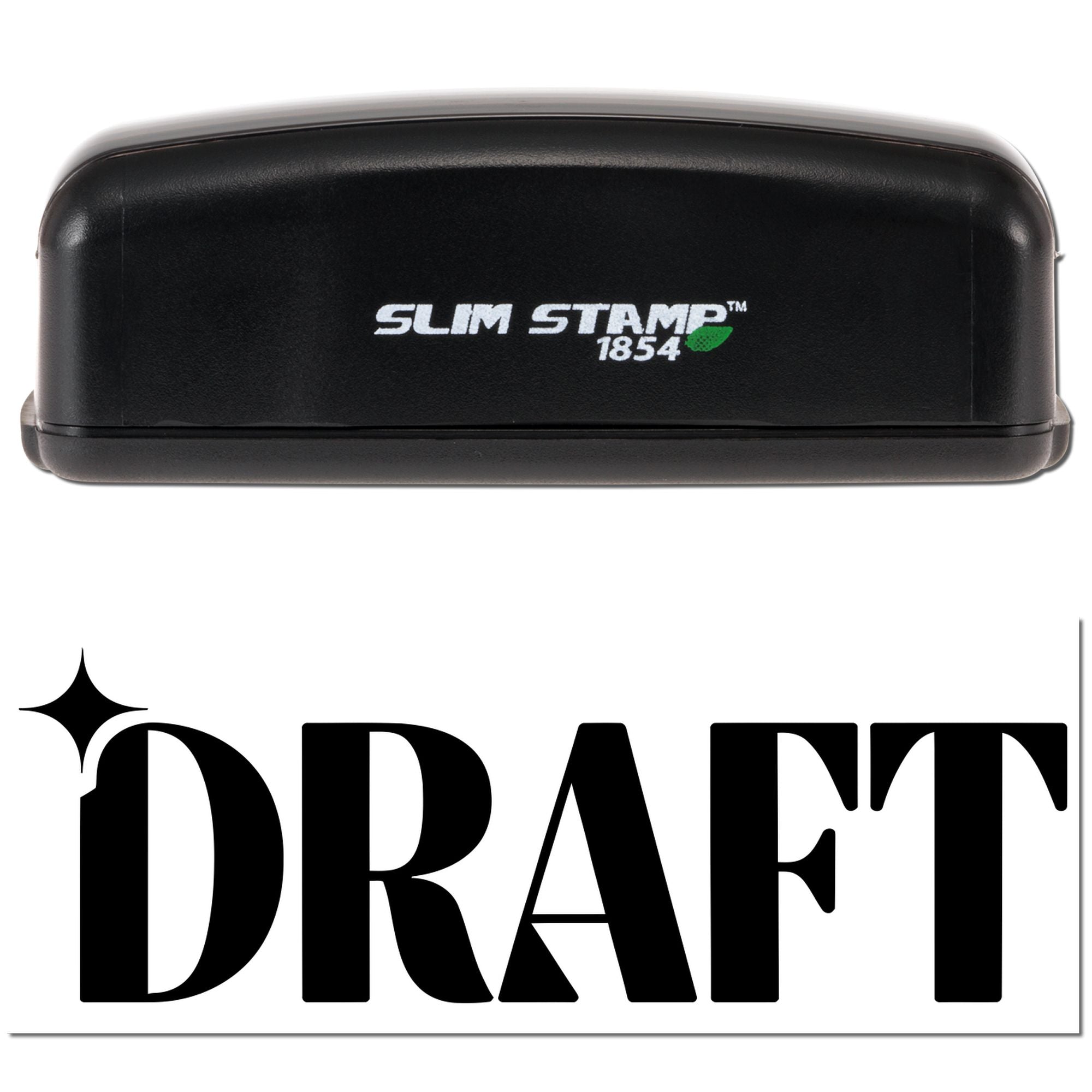 Black Slim Stamp 1854 self-inking stamp with green leaf logo and bold DRAFT seal on white background.