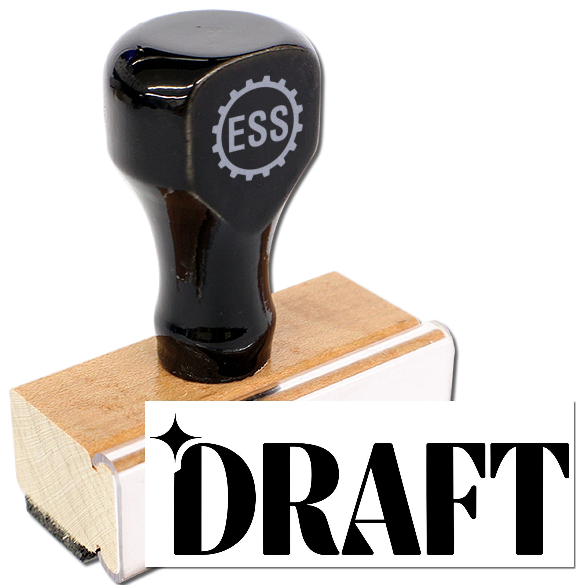 Black custom rubber stamp and wooden seal block with DRAFT text, gray logo, and clear acrylic edge on white background