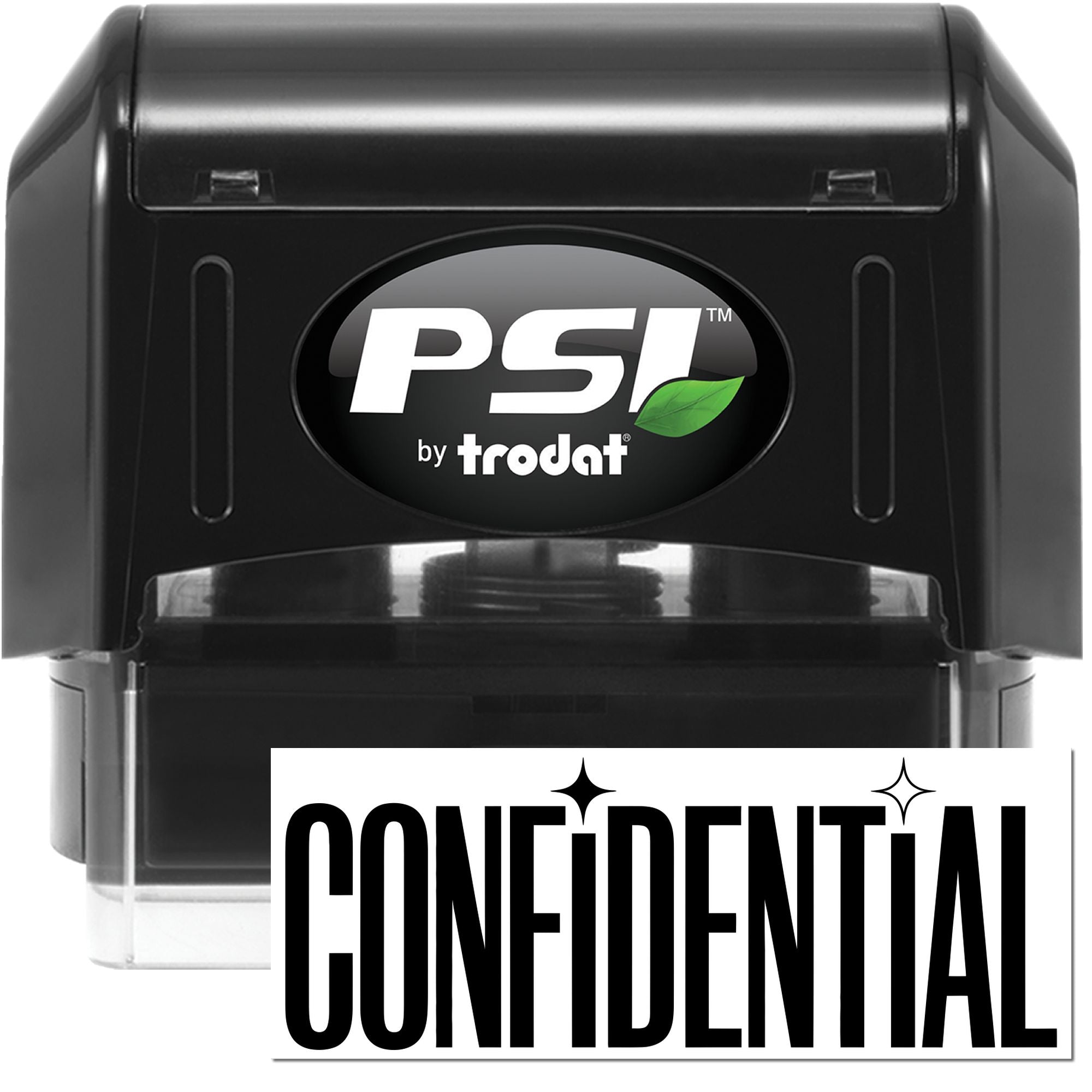 Black PSI by Trodat self-inking stamp and seal with clear case and confidential imprint.