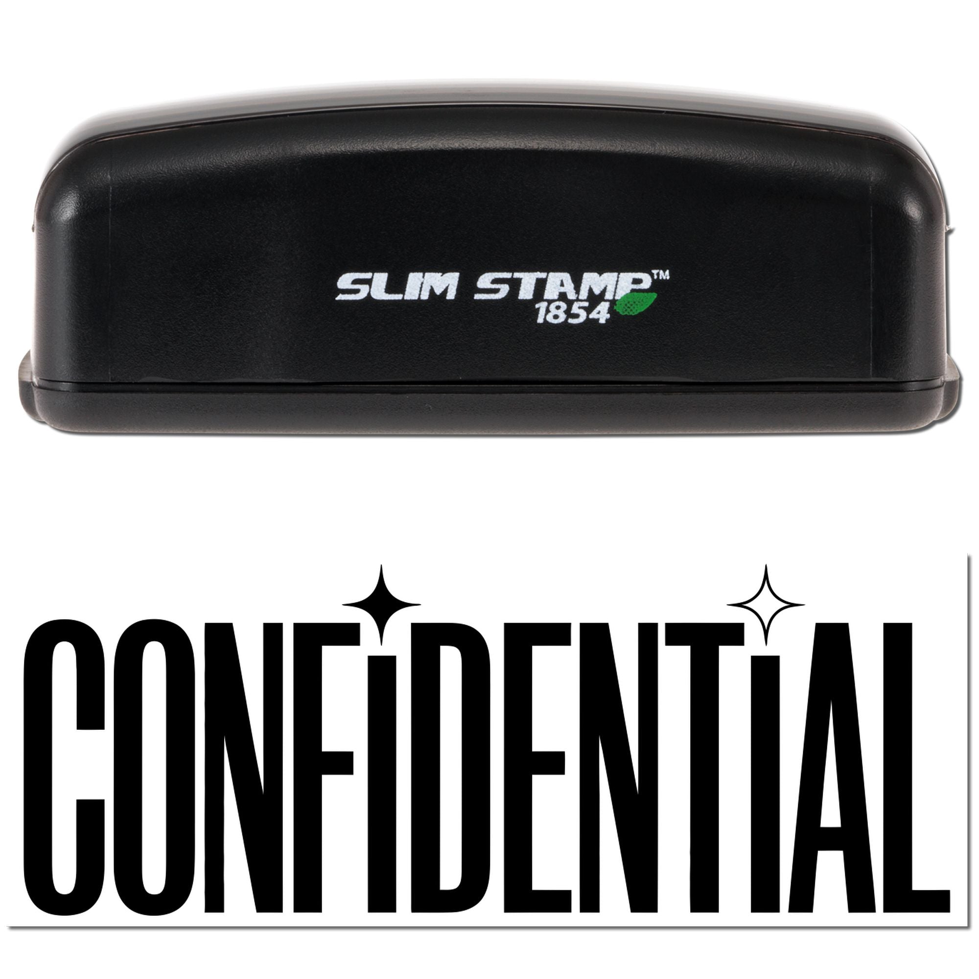 Black Slim Stamp 1854 self-inking stamp with white logo, green leaf accent, and bold CONFIDENTIAL seal impression.