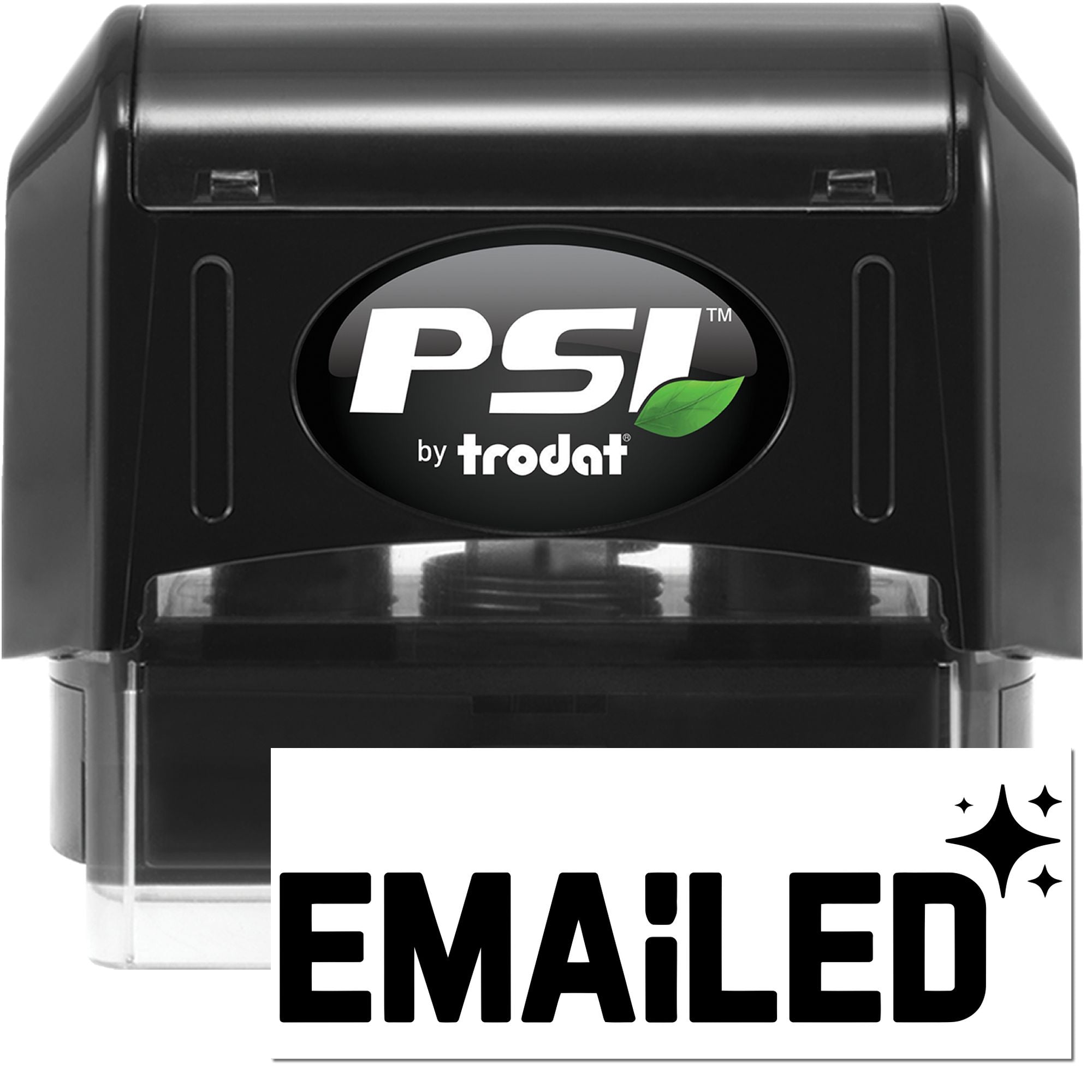 Black PSI by Trodat self-inking stamp and EMAILED seal with clear mount on a white background.