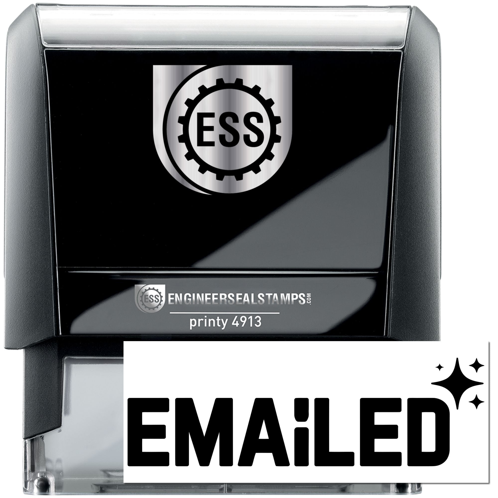 Black self-inking stamp with silver top, white EMAILED seal, and ESS gear logo for EngineerSealStamps.