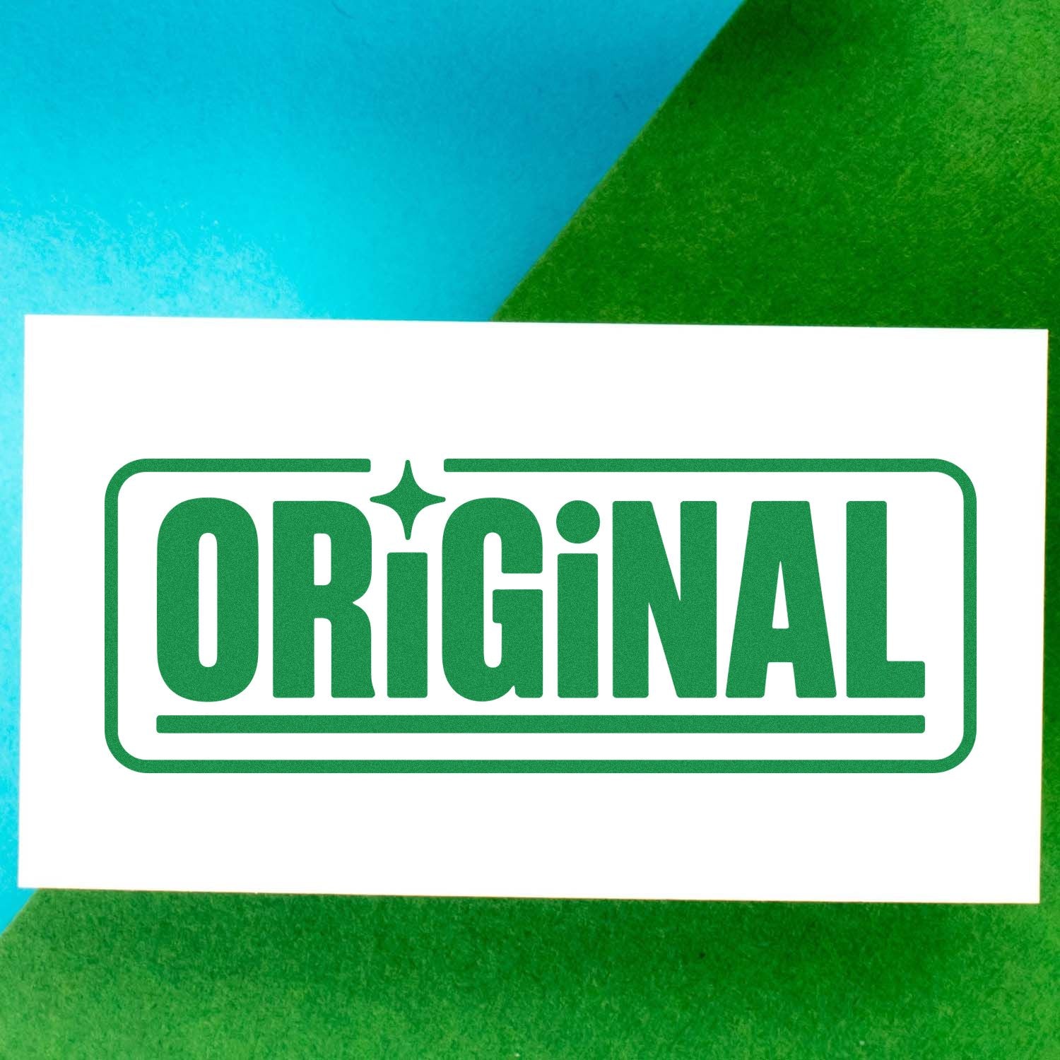 Green ORIGINAL rubber stamp and seal on white card over blue and green background