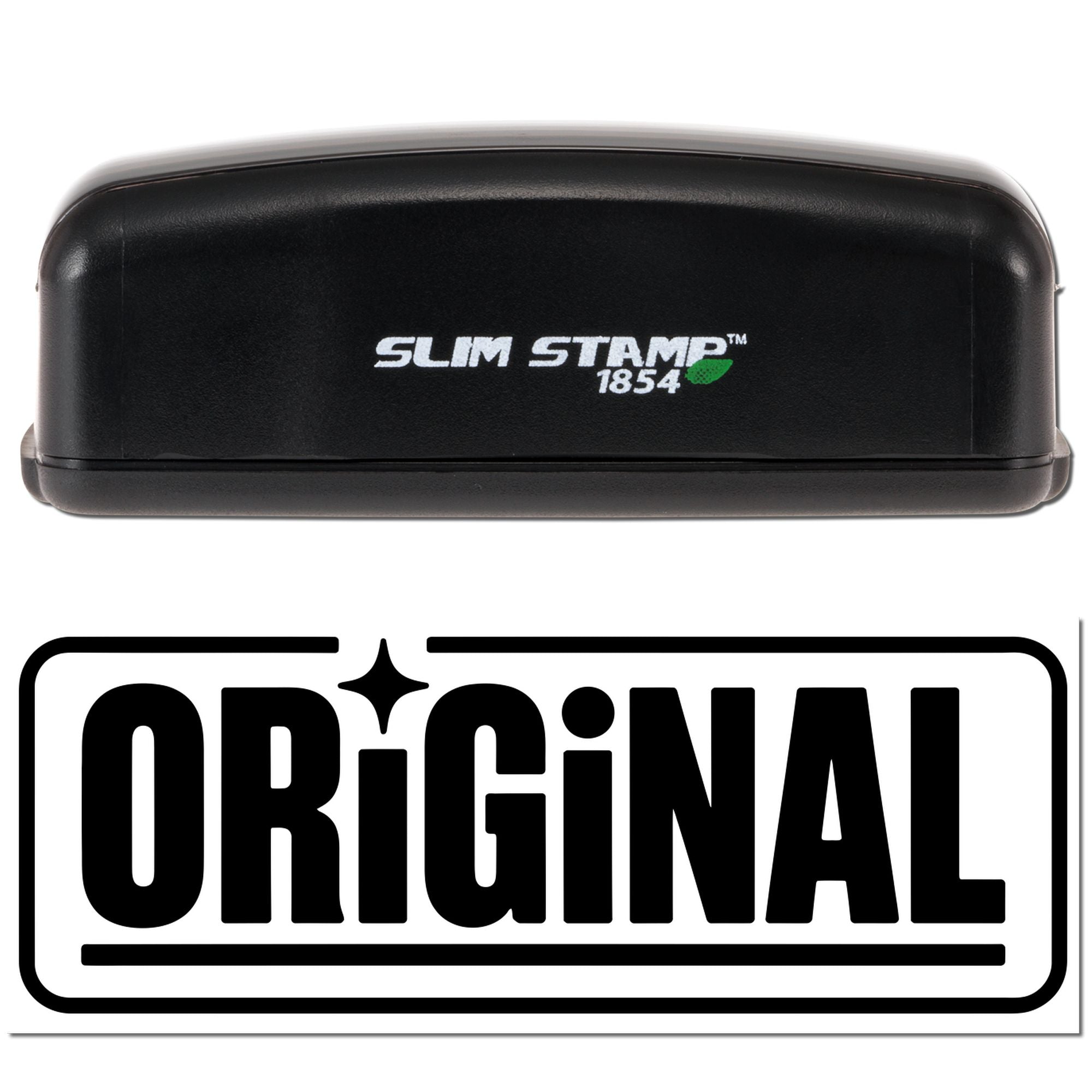 Black Slim Stamp 1854 stamp case with bold black ORIGINAL seal logo and small green leaf on white background.