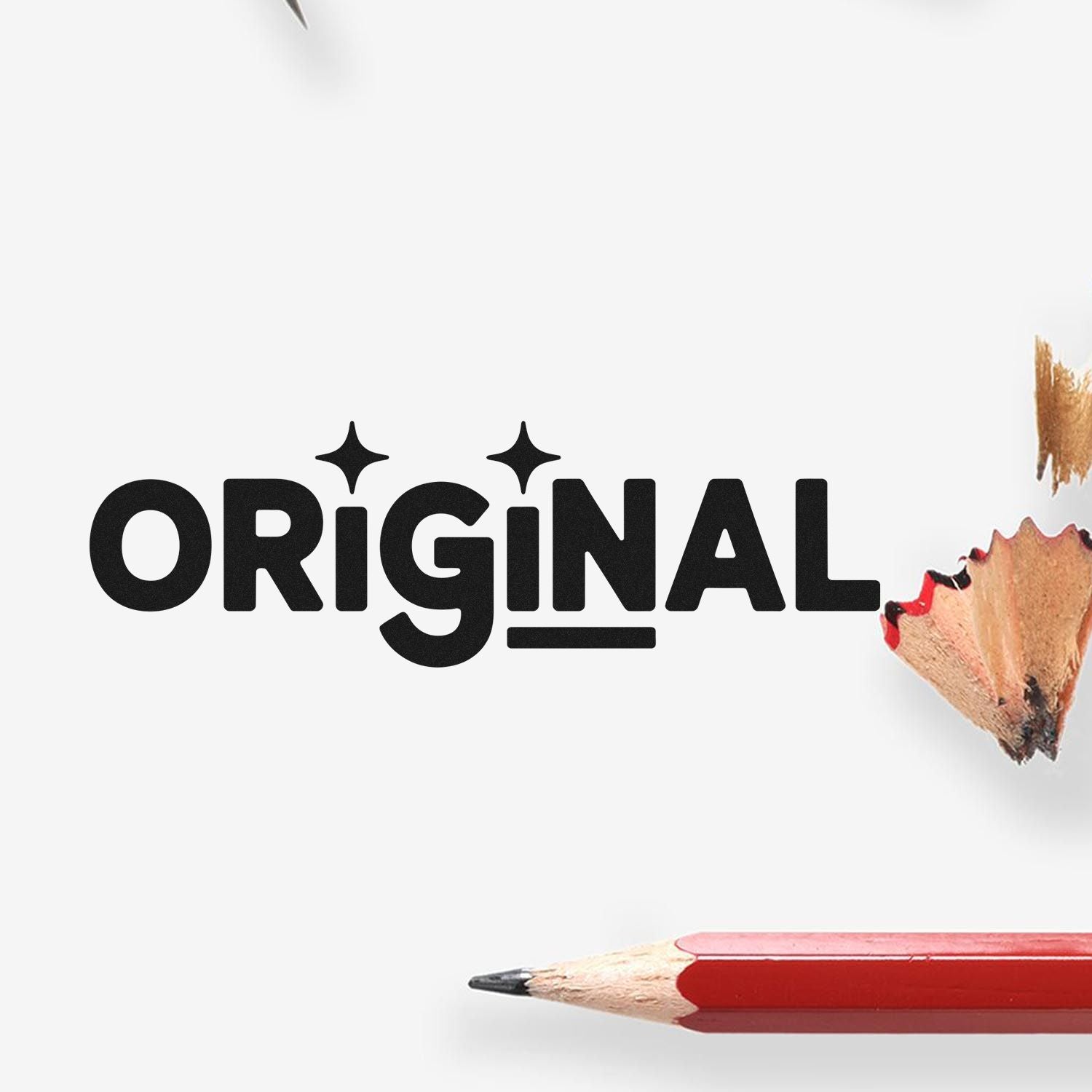 Black ORIGINAL stamp seal with sparkle accents and red pencil on white background