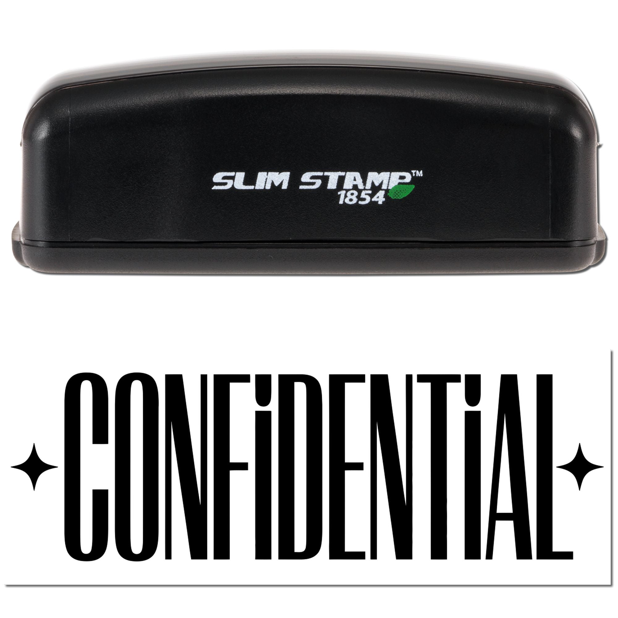 Black Slim Stamp 1854 confidential seal stamp with white logo text and green leaf accent