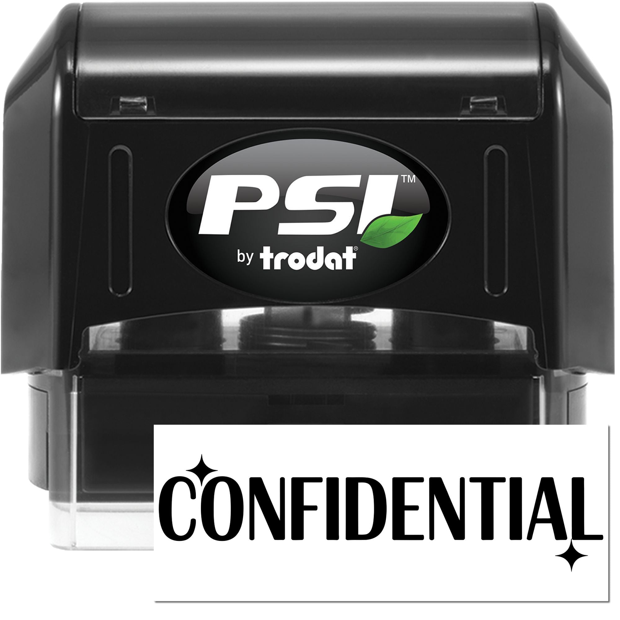 Black PSI by Trodat self-inking stamp and seal with bold white CONFIDENTIAL label and green leaf logo