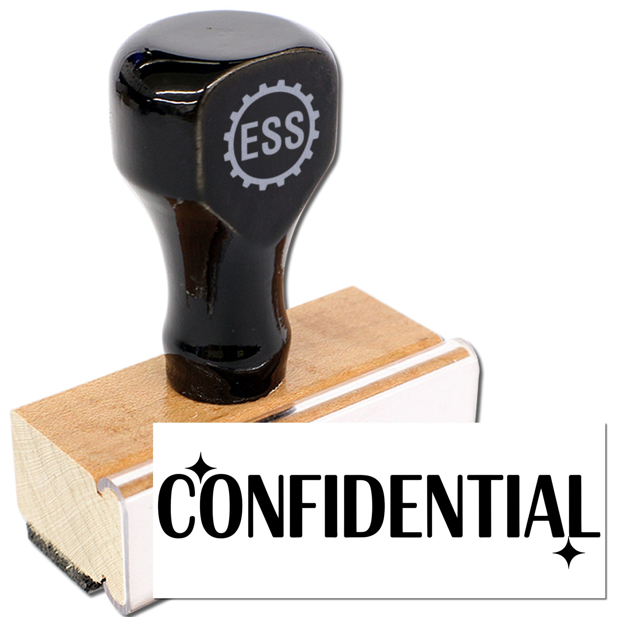 Black ESS rubber stamp and confidentiality seal on a wooden base, with white CONFIDENTIAL text and black logo.